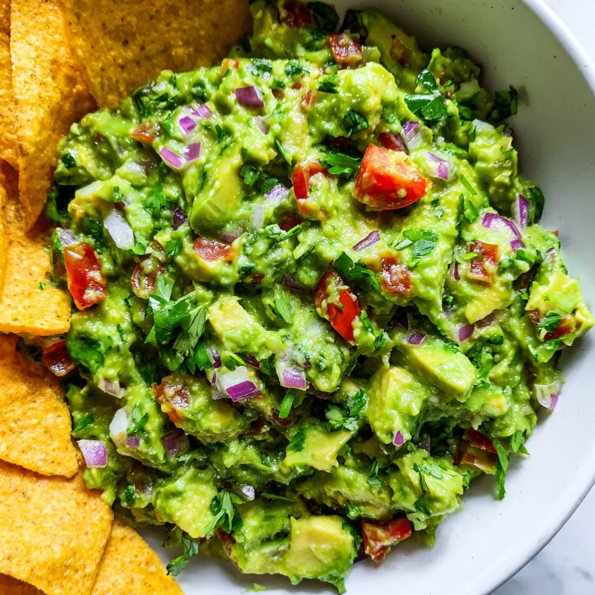 A festive bowl of Big Game Guacamole with Homemade Chips, featuring chunky avocado, red onion, and fresh cilantro beside crispy golden tortilla wedges.