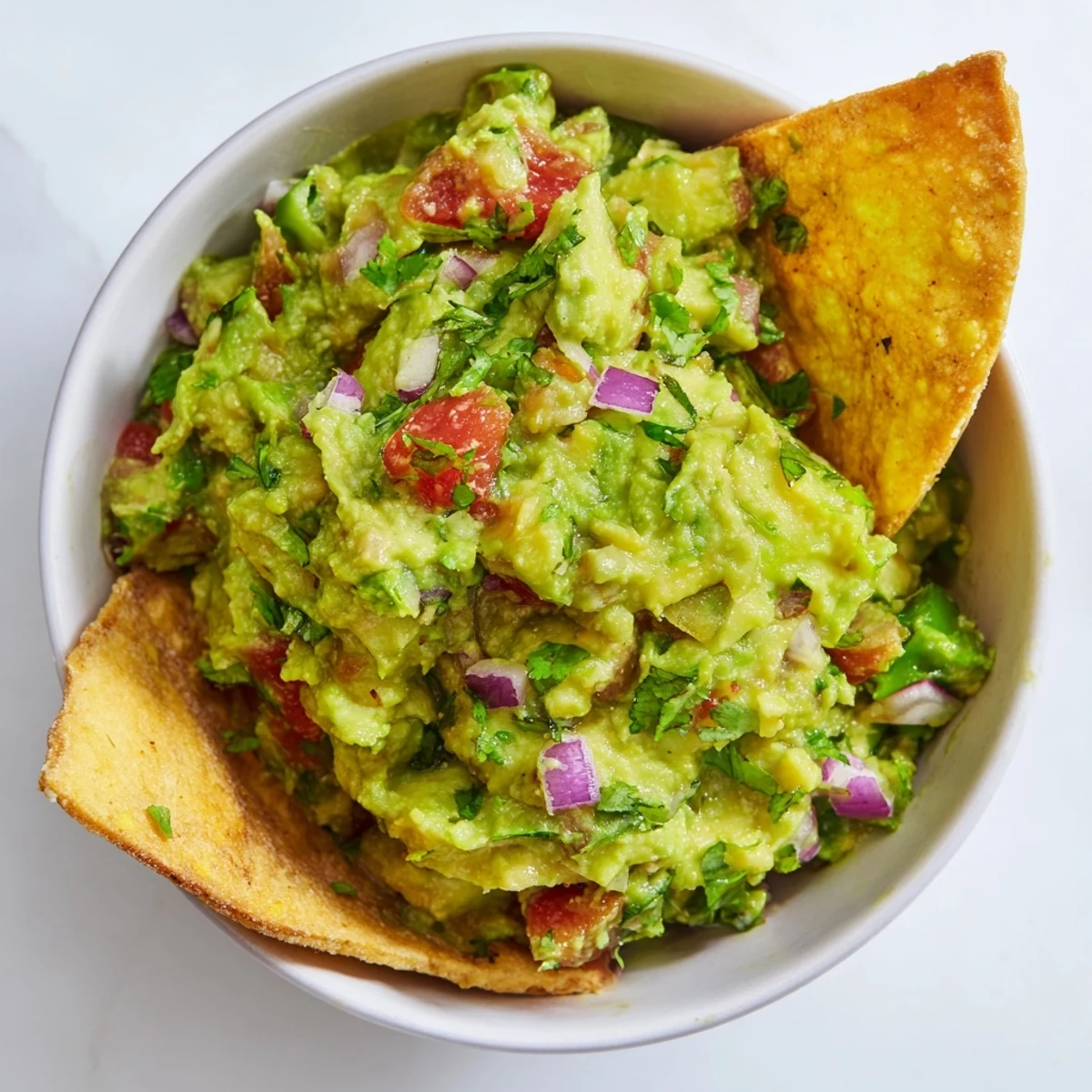 Overhead view of Big Game Guacamole with Homemade Chips, showing rustic baked wedges and a creamy avocado dip ready for game day snacking.