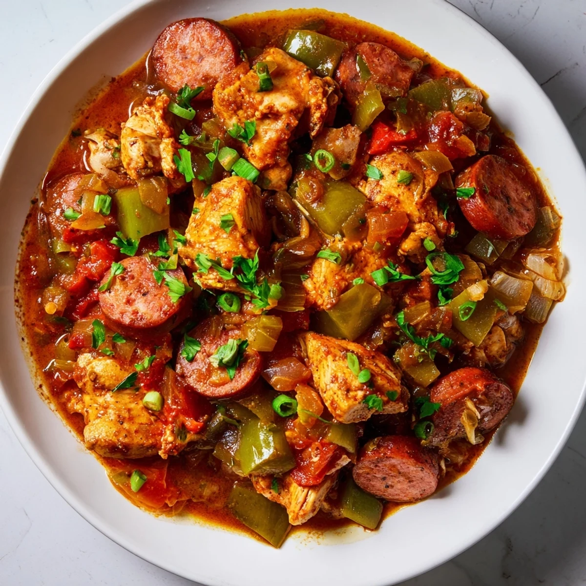 Cajun Chicken and Sausage Stew steaming in a rustic bowl, served over fluffy white rice and garnished with fresh parsley for a hearty Southern meal.
