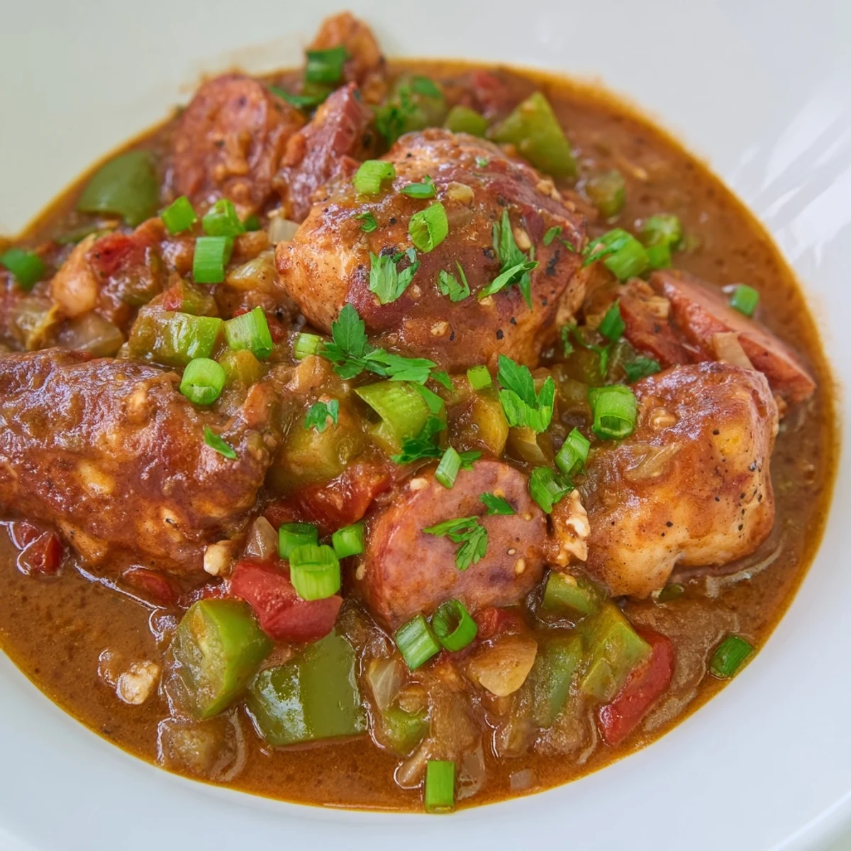 Tender halal chicken thighs and sliced spicy sausage in a rich, dark roux-based Cajun stew with diced bell peppers and celery.