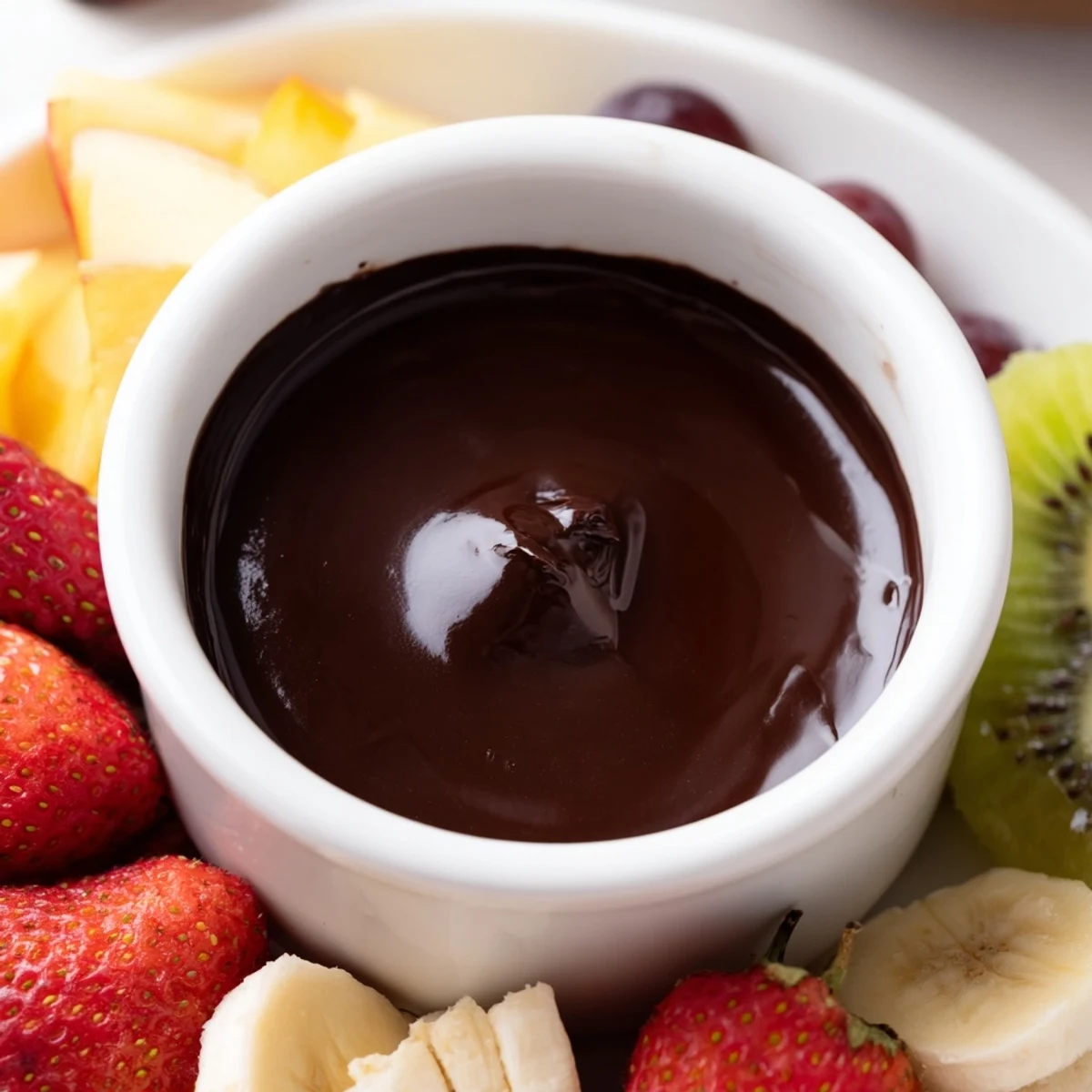 Steam rises from the warm Romantic Chocolate Fondue with Fruit Platter as ripe strawberries and bananas await dipping.