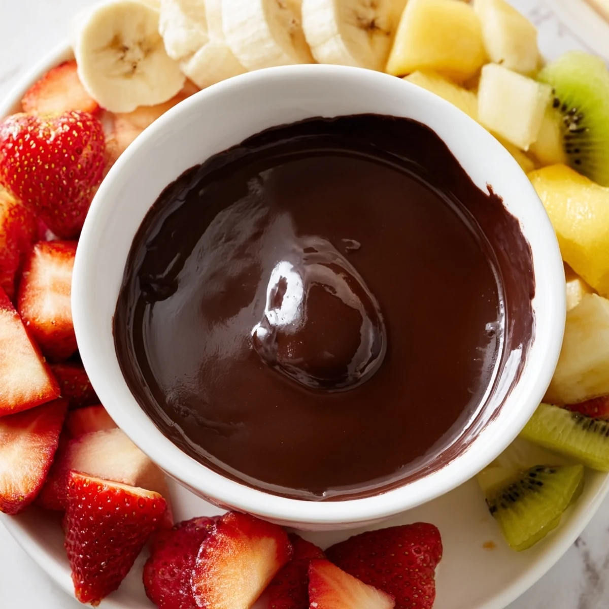 Skewers of fresh fruit surround a bowl of silky Romantic Chocolate Fondue with Fruit Platter for sharing.