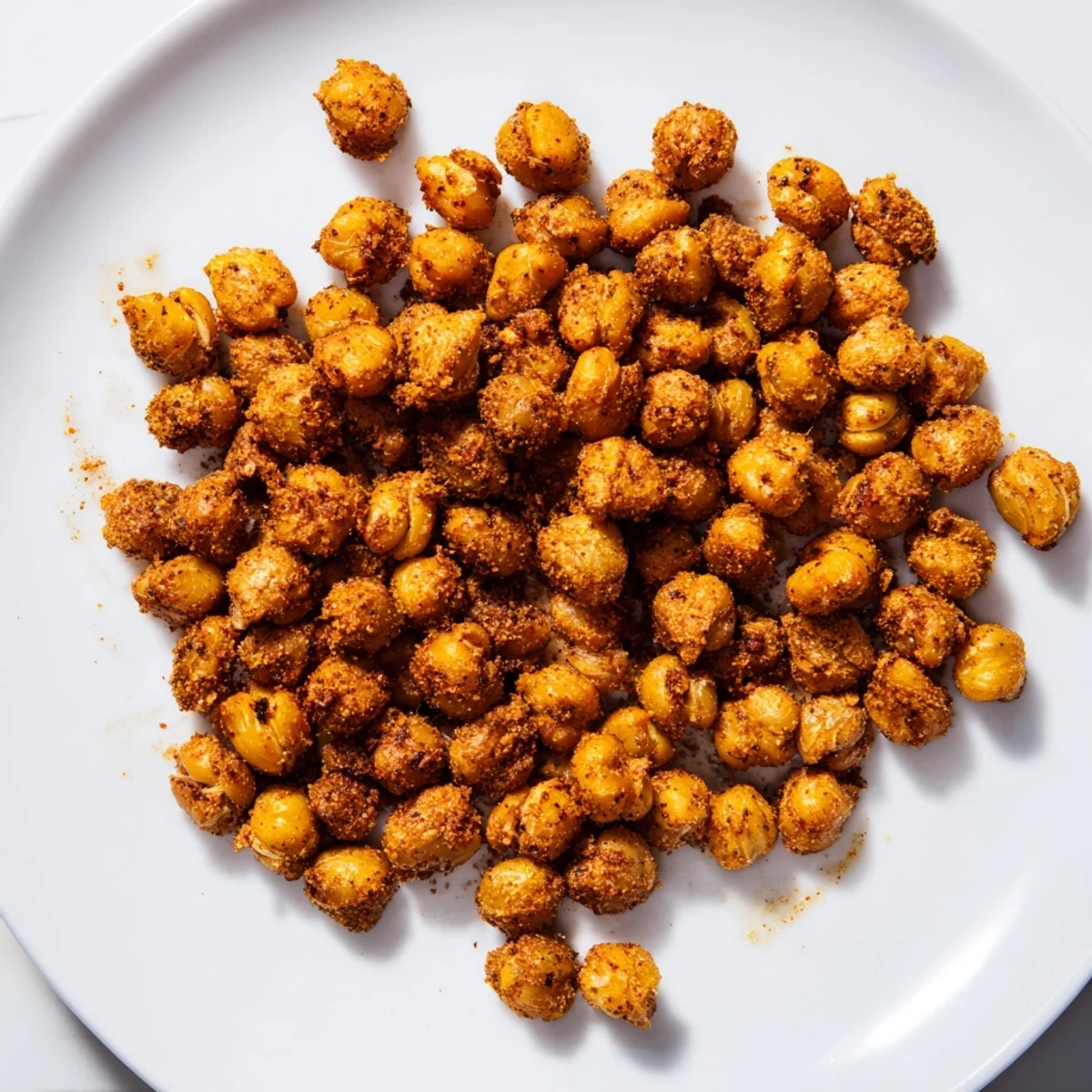 Golden-brown Cajun Spiced Roasted Chickpeas cooling on a baking sheet, emitting a smoky, spicy aroma for a healthy snack.