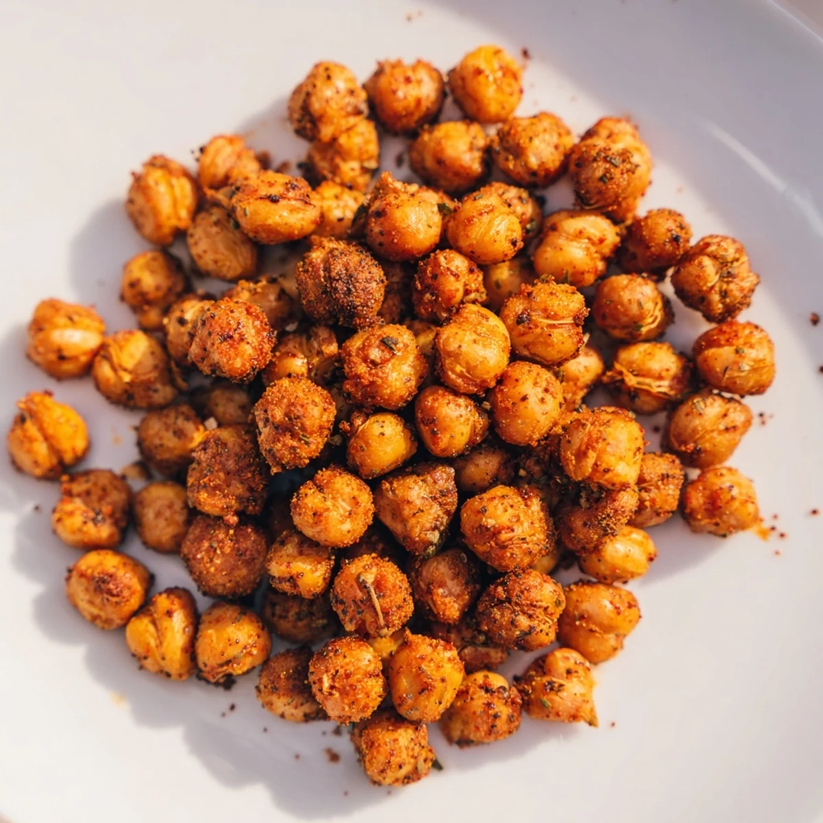 Vibrant bowl of Cajun Spiced Roasted Chickpeas tossed with fresh greens, showcasing a perfect crunchy vegan salad topping.