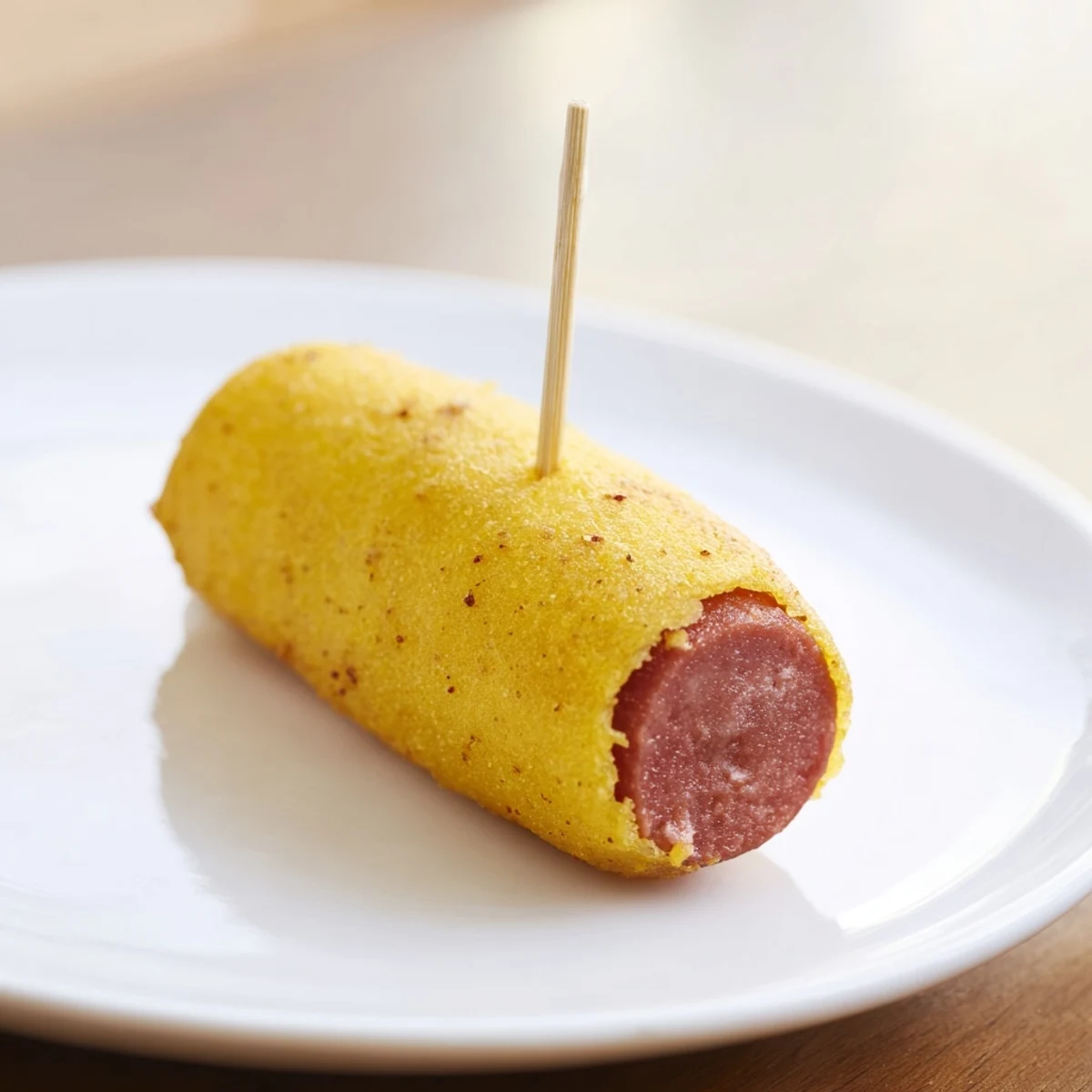 Golden, crispy mini corn dogs with beef franks stacked on a white plate, served with ketchup and mustard for dipping.  