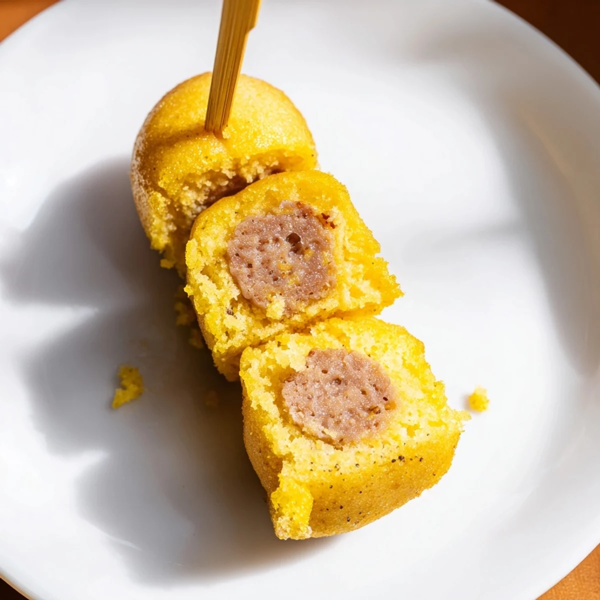 Mini corn dogs feature bite-sized beef frank pieces coated in a golden cornmeal batter, perfect for snacking or parties.  
