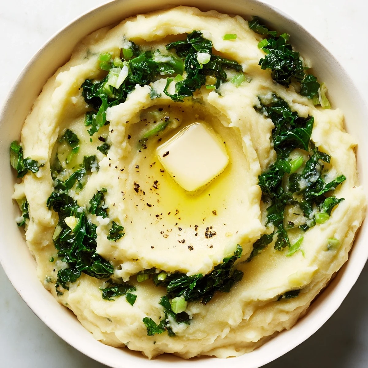 A bowl of Irish Colcannon Mashed Potatoes with Kale and scallions, perfect alongside roasted lamb or grilled sausages.