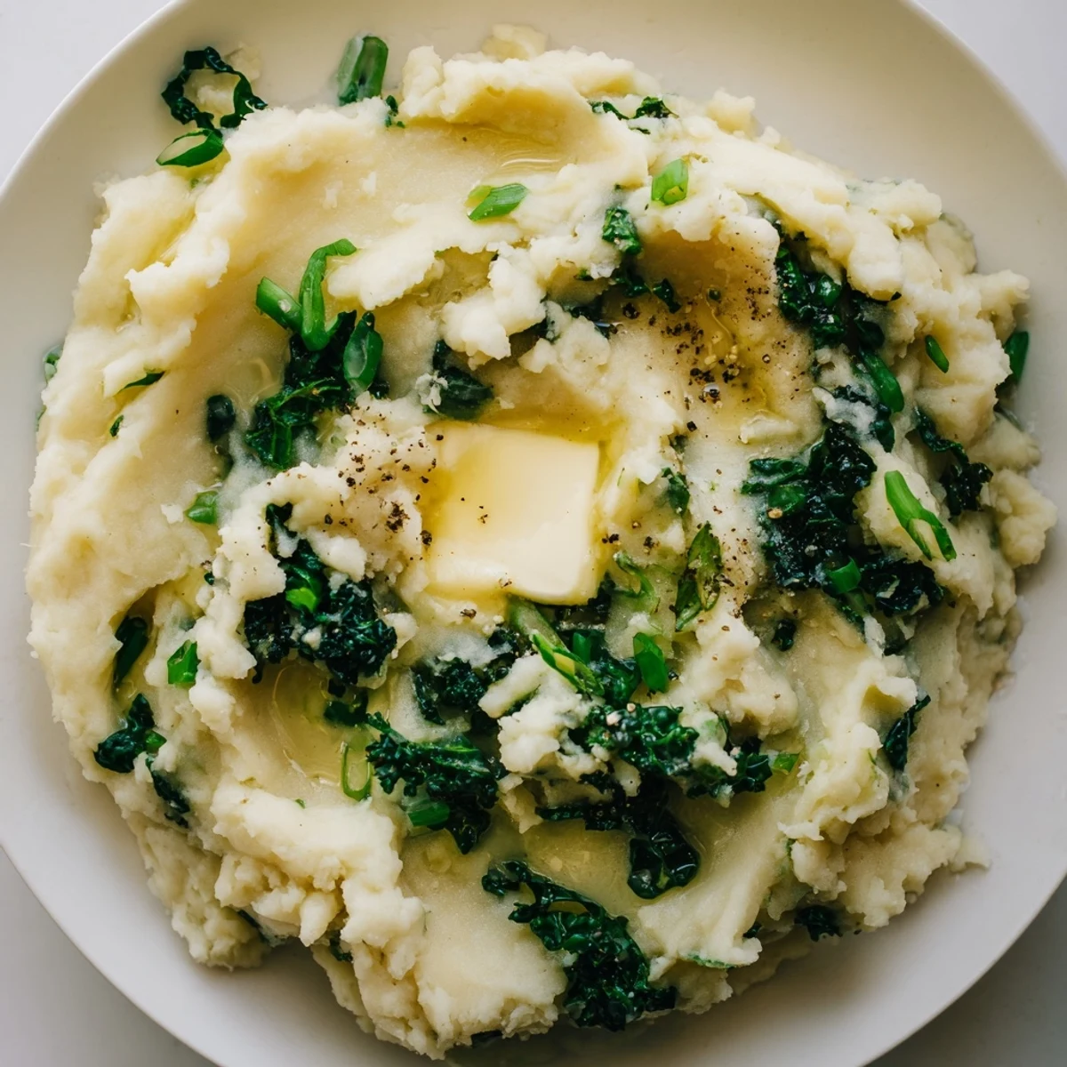 Close-up of fluffy Irish Colcannon Mashed Potatoes with Kale, featuring vibrant green greens mixed into buttery mashed potatoes.
