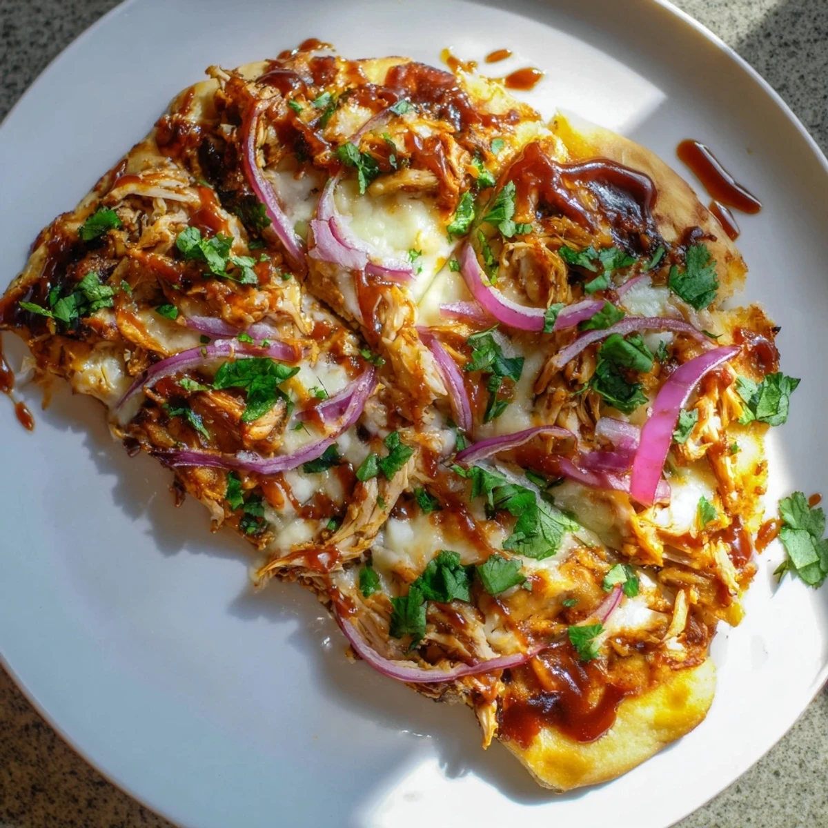 A freshly baked BBQ Chicken Pizza with Red Onion shows melted mozzarella, gouda, and BBQ sauce on a golden crust.