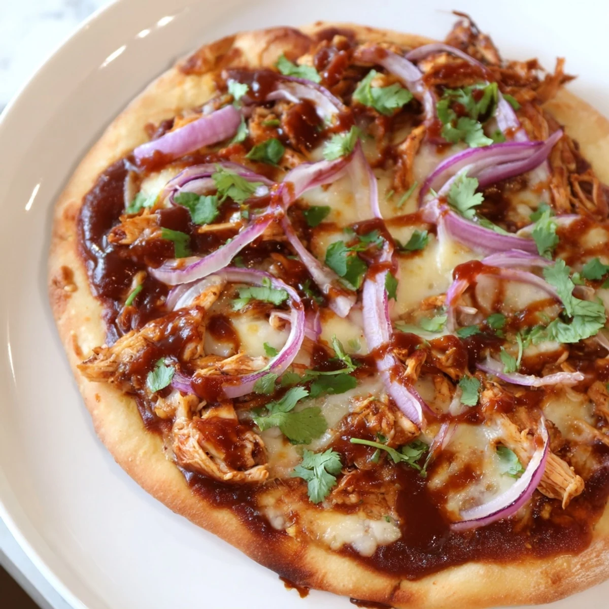 Close-up of BBQ Chicken Pizza with Red Onion, topped with tender chicken, fresh cilantro, and a drizzle of tangy BBQ sauce.