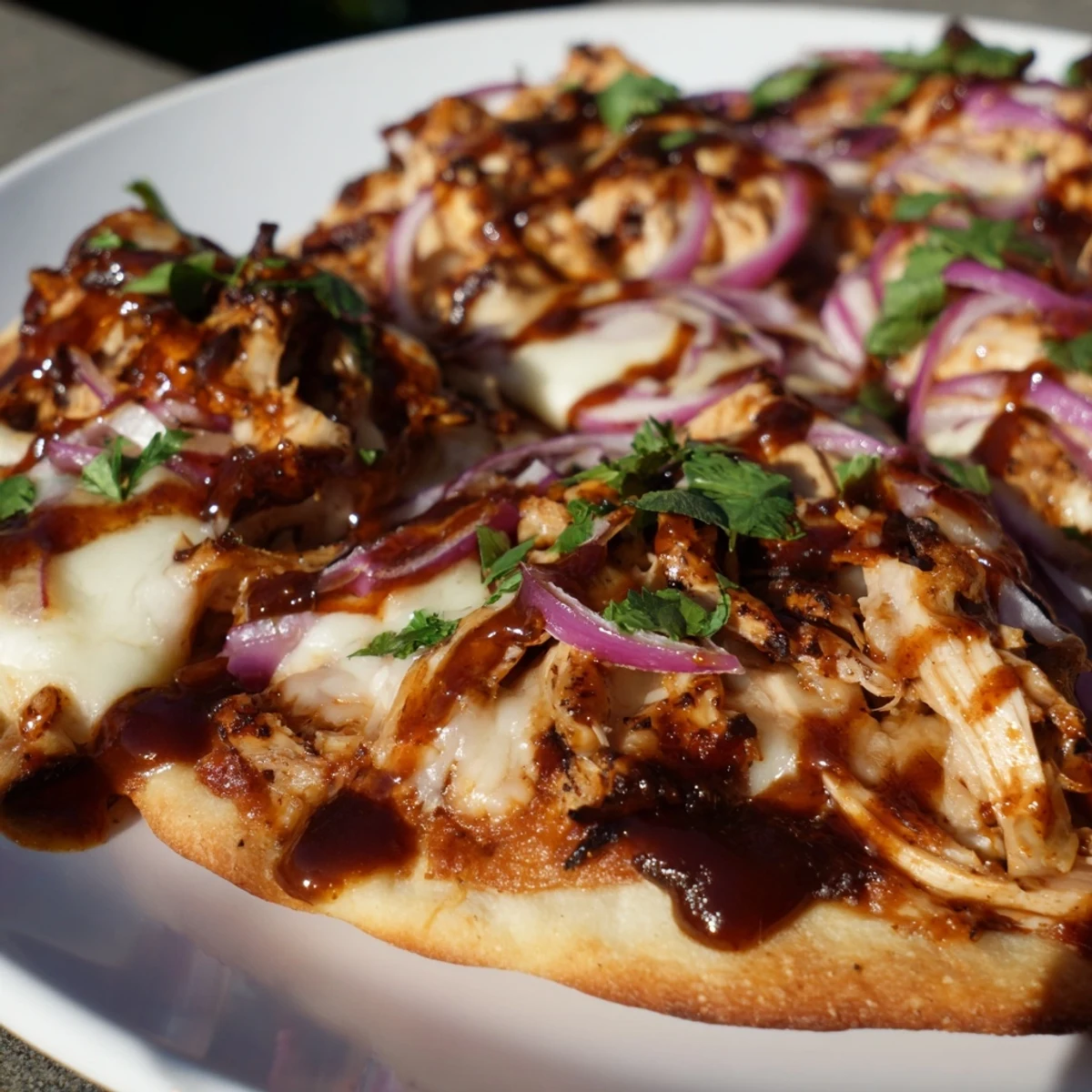 Freshly sliced BBQ Chicken Pizza with Red Onion on a wooden board, featuring smoky gouda and colorful toppings.