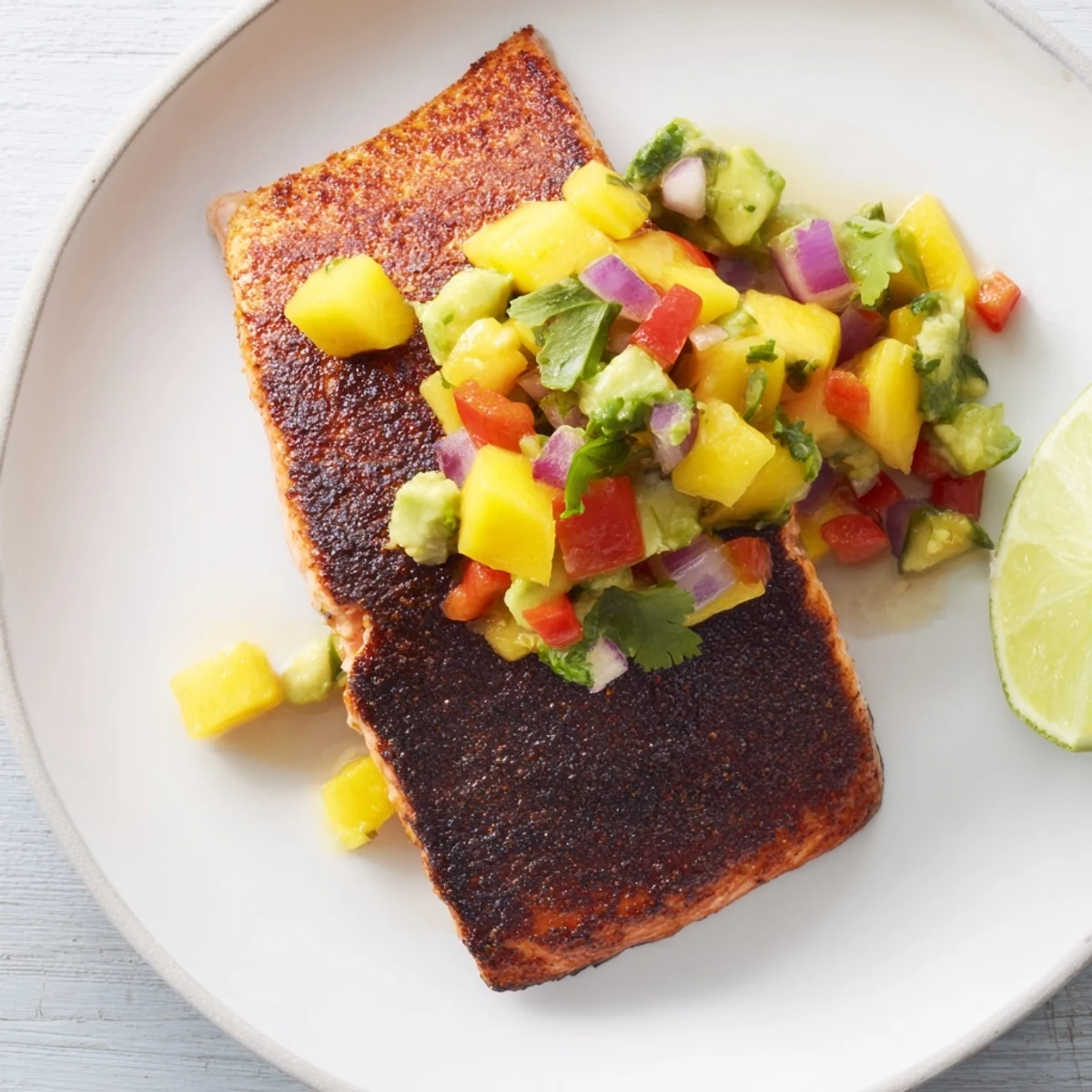 Plated blackened salmon fillets topped with vibrant mango avocado salsa and fresh lime wedges.