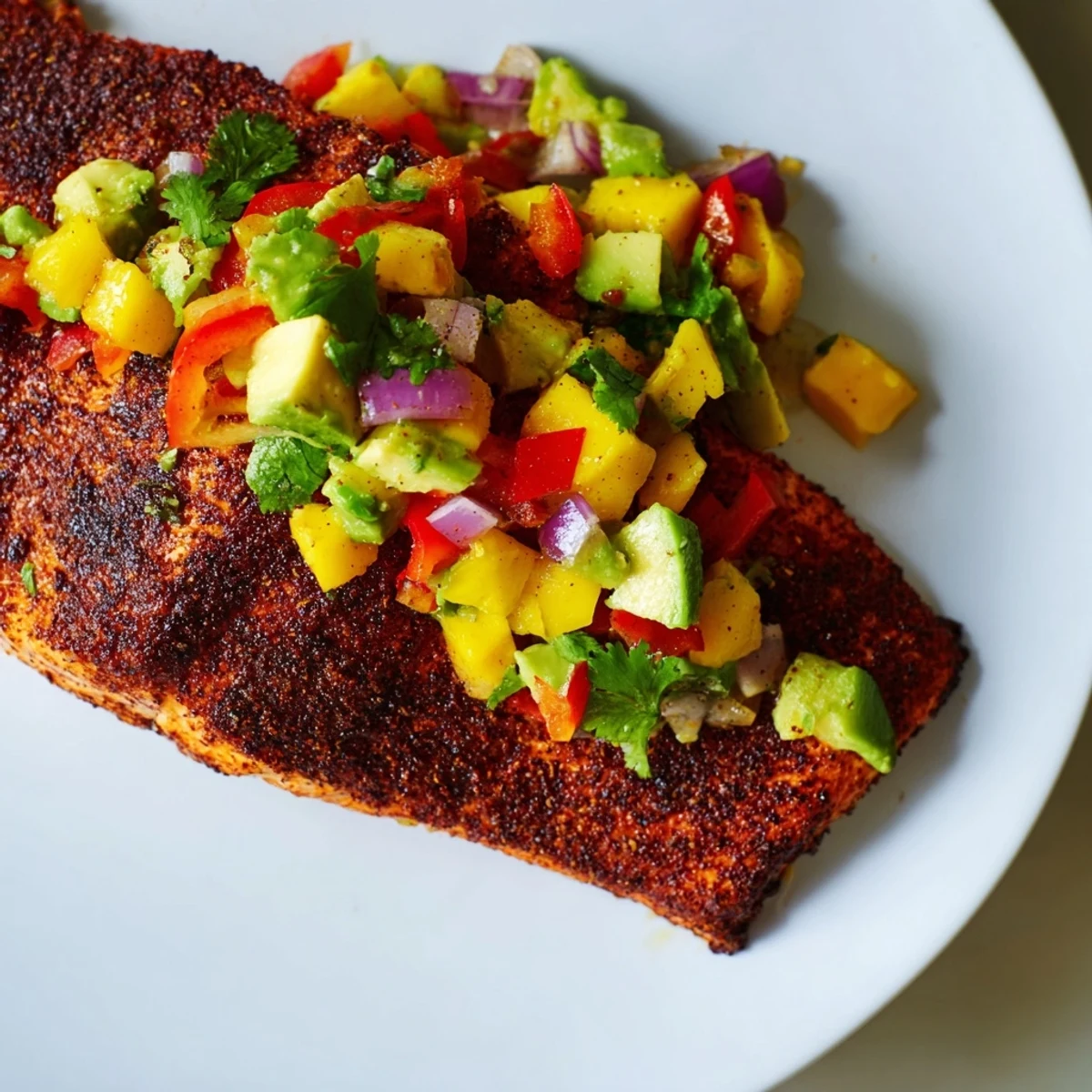 A close-up of blackened salmon with mango avocado salsa next to a bed of fluffy rice.