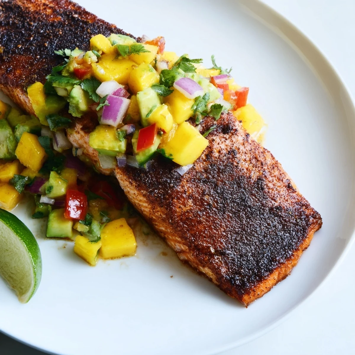 Blackened salmon fillet with a spicy crust, fresh mango avocado salsa, and a lime wedge garnish.