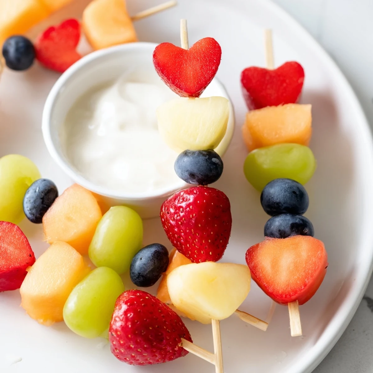 Heart-shaped Sweetheart Fruit Skewers with Yogurt Dip, served on a platter with vibrant red strawberries, green grapes, and juicy blueberries.