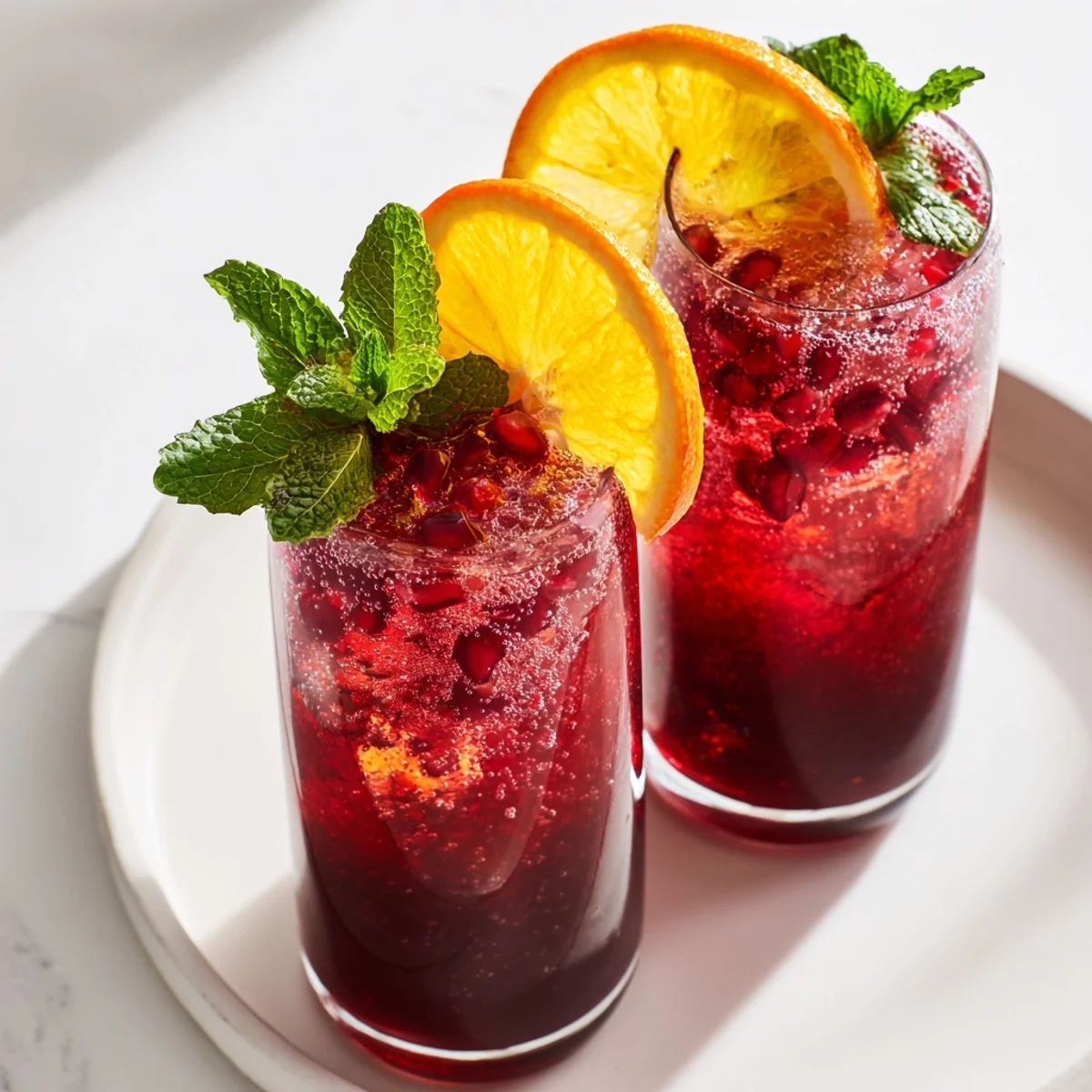 A chilled glass of Love Potion Pomegranate Fizz Mocktail garnished with fresh citrus slices and glistening pomegranate seeds.