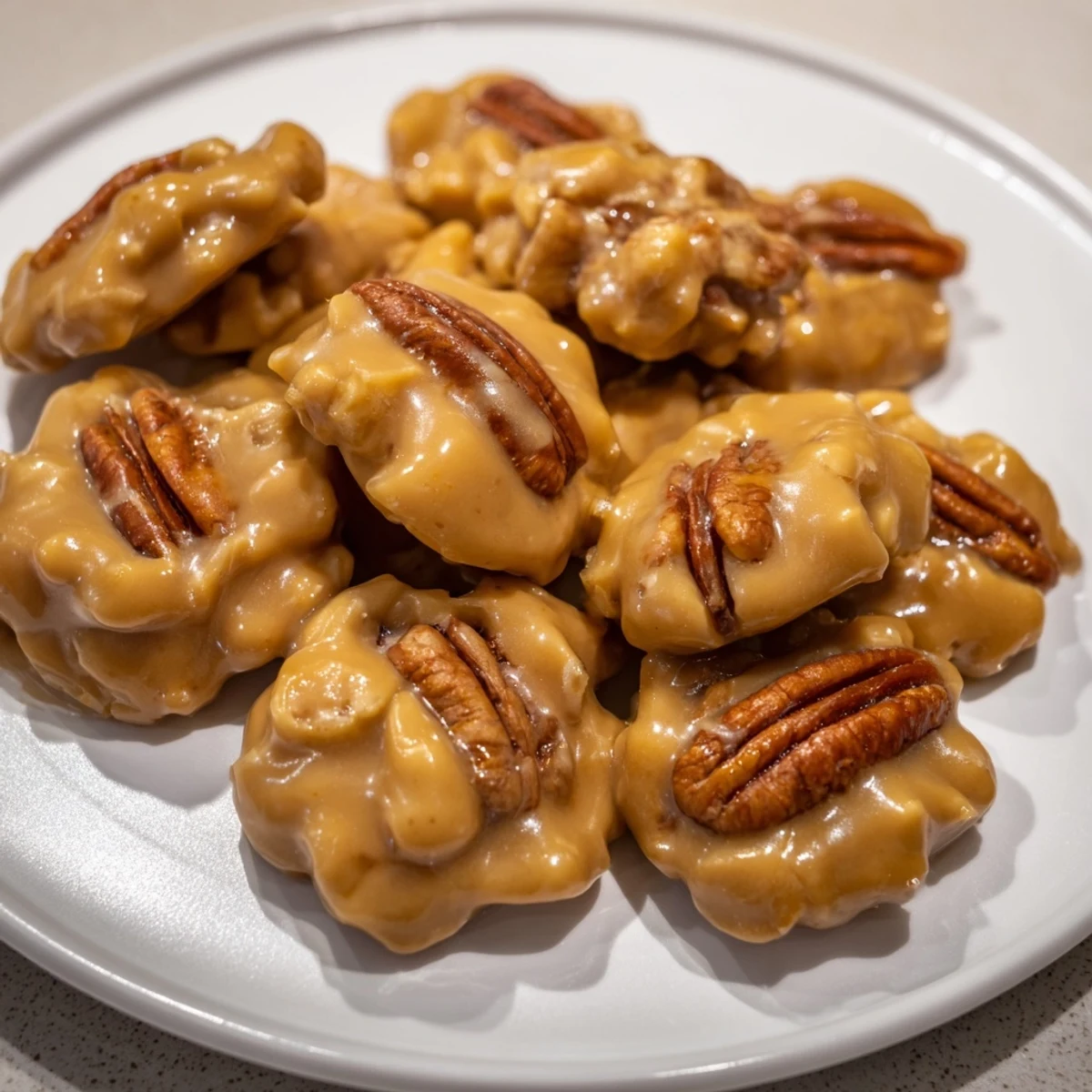 Golden-brown Mardi Gras Pecan Pralines cooling on parchment, showcasing their creamy, cracked tops and toasted pecans.