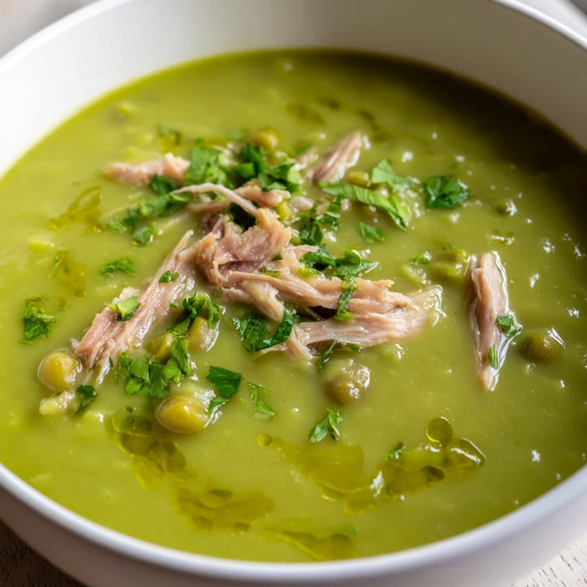 Served in a rustic bowl, this hearty Green Split Pea Soup with Smoked Turkey is garnished with herbs.