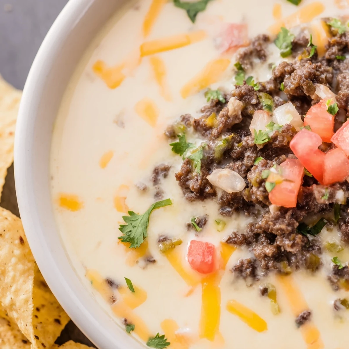 A close-up of creamy, warm Beef Queso Dip topped with fresh cilantro and diced tomatoes, served with crispy tortilla chips.