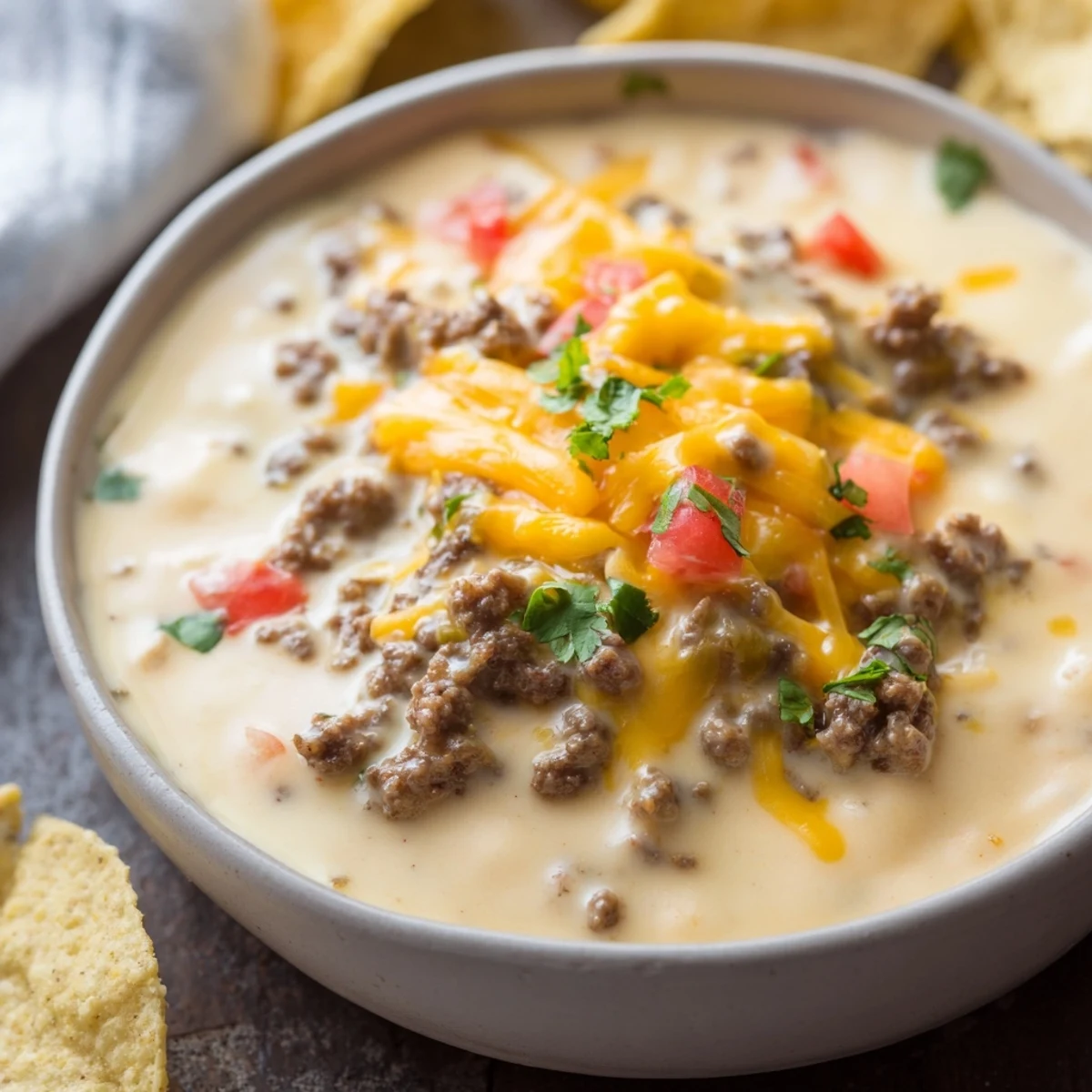 Rich, melted cheddar and processed cheese swirl around seasoned ground beef in this savory Tex-Mex Beef Queso Dip.