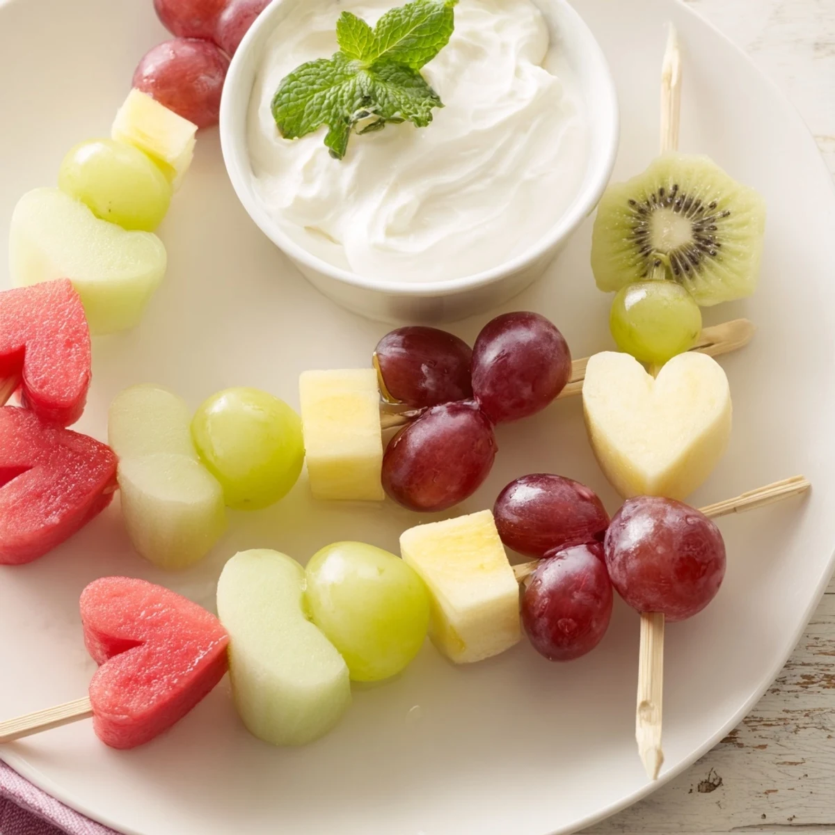 Heart-shaped fruit skewers with strawberries, watermelon, pineapple, and grapes arranged on a platter next to a creamy honey-kissed yogurt dip.