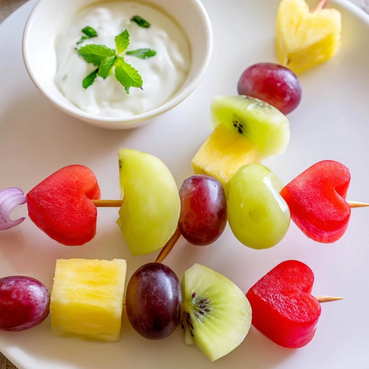 Freshly prepared Sweetheart Fruit Skewers with Yogurt Dip showing juicy mixed fruits and a smooth dip, ideal for a picnic or gathering.