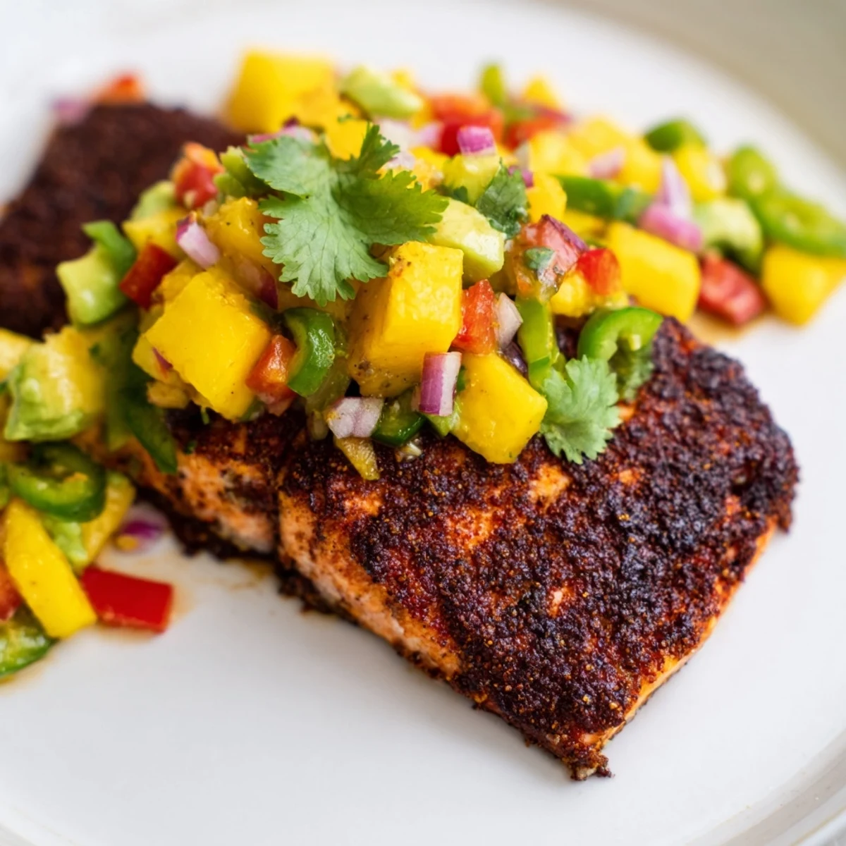 A close-up of blackened salmon fillets with golden-brown crusts, topped with a vibrant mango avocado salsa garnished with fresh cilantro.