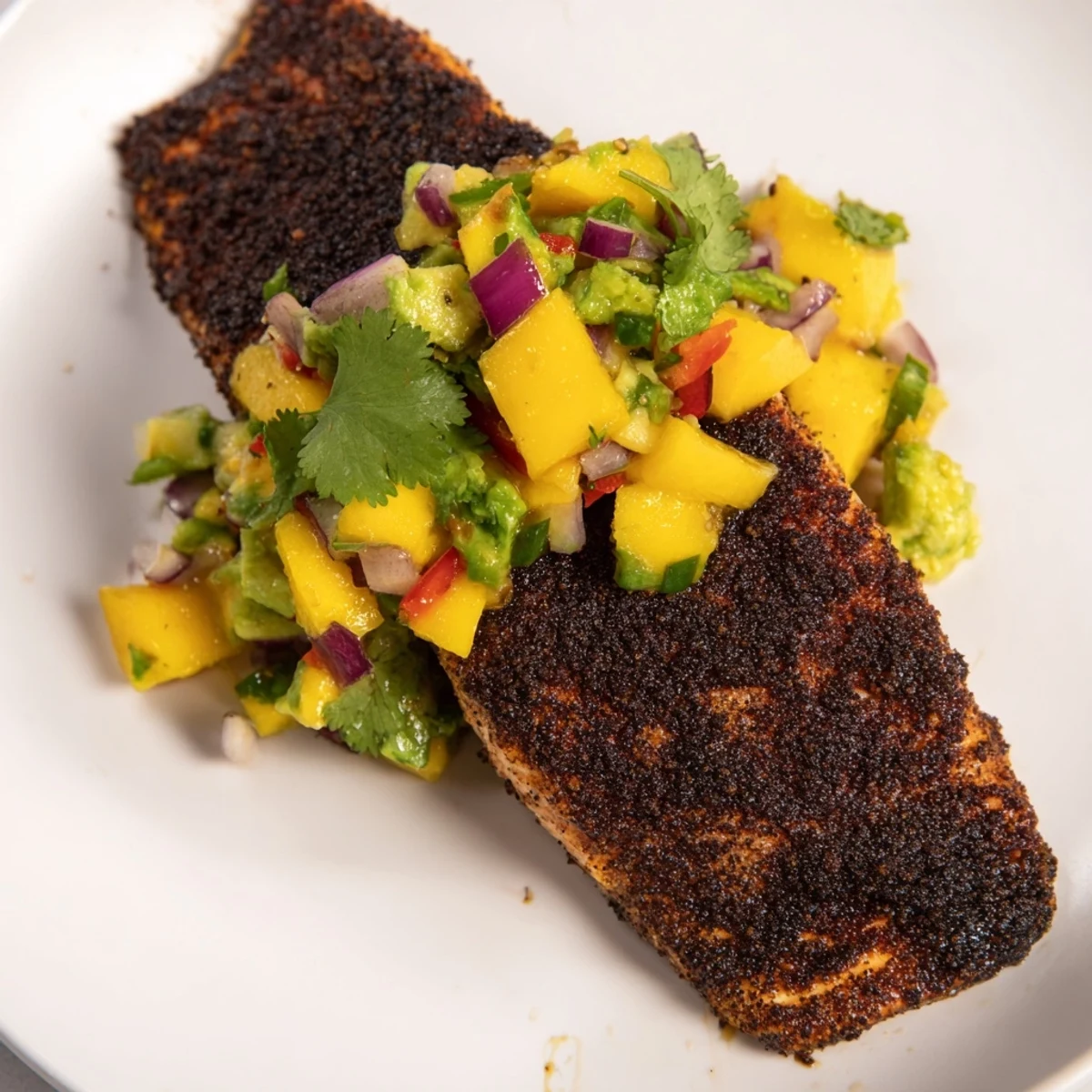 Blackened salmon with mango avocado salsa served on a white plate, the juicy mango and creamy avocado brightening the spicy seared fish.