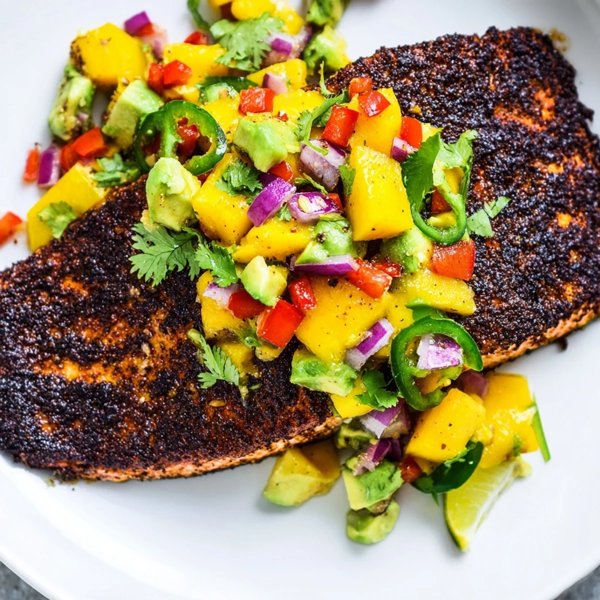 Pan-seared blackened salmon fillet with a smoky spice crust, finished with a colorful mango avocado salsa and a squeeze of lime.