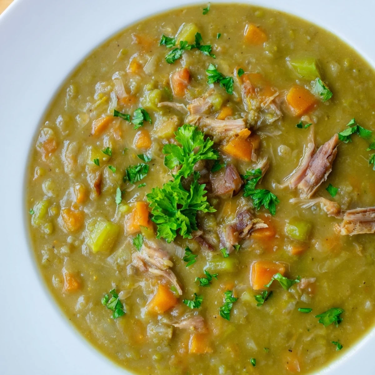 Close-up of creamy green split pea soup with shredded smoked turkey leg and croutons.