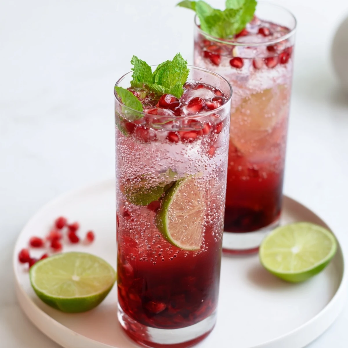Vibrant Pomegranate Fizz Mocktail with Lime served over ice, garnished with fresh pomegranate arils, lime slices, and mint leaves.  