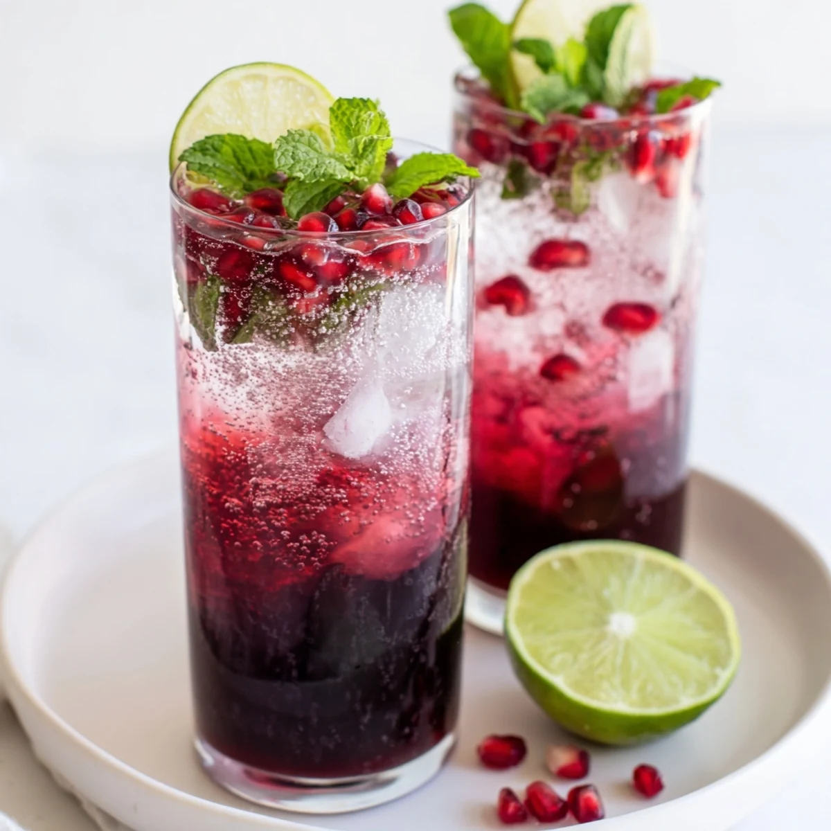 Sparkling Pomegranate Fizz Mocktail with Lime glistening in a tall glass, complete with zesty lime wheels and ruby-red seeds.  