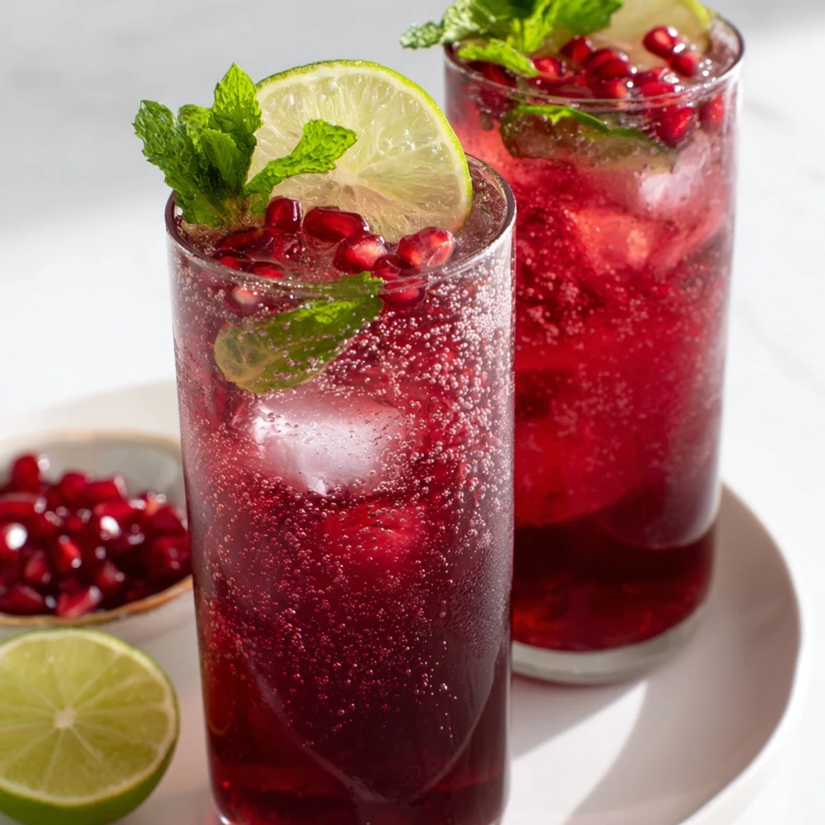 Refreshing Pomegranate Fizz Mocktail with Lime and sparkling bubbles, topped with fresh mint and bright citrus garnishes.