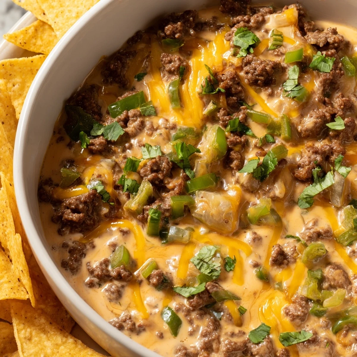 Ground beef queso dip in a bowl, topped with cilantro, next to golden tortilla chips for dipping.