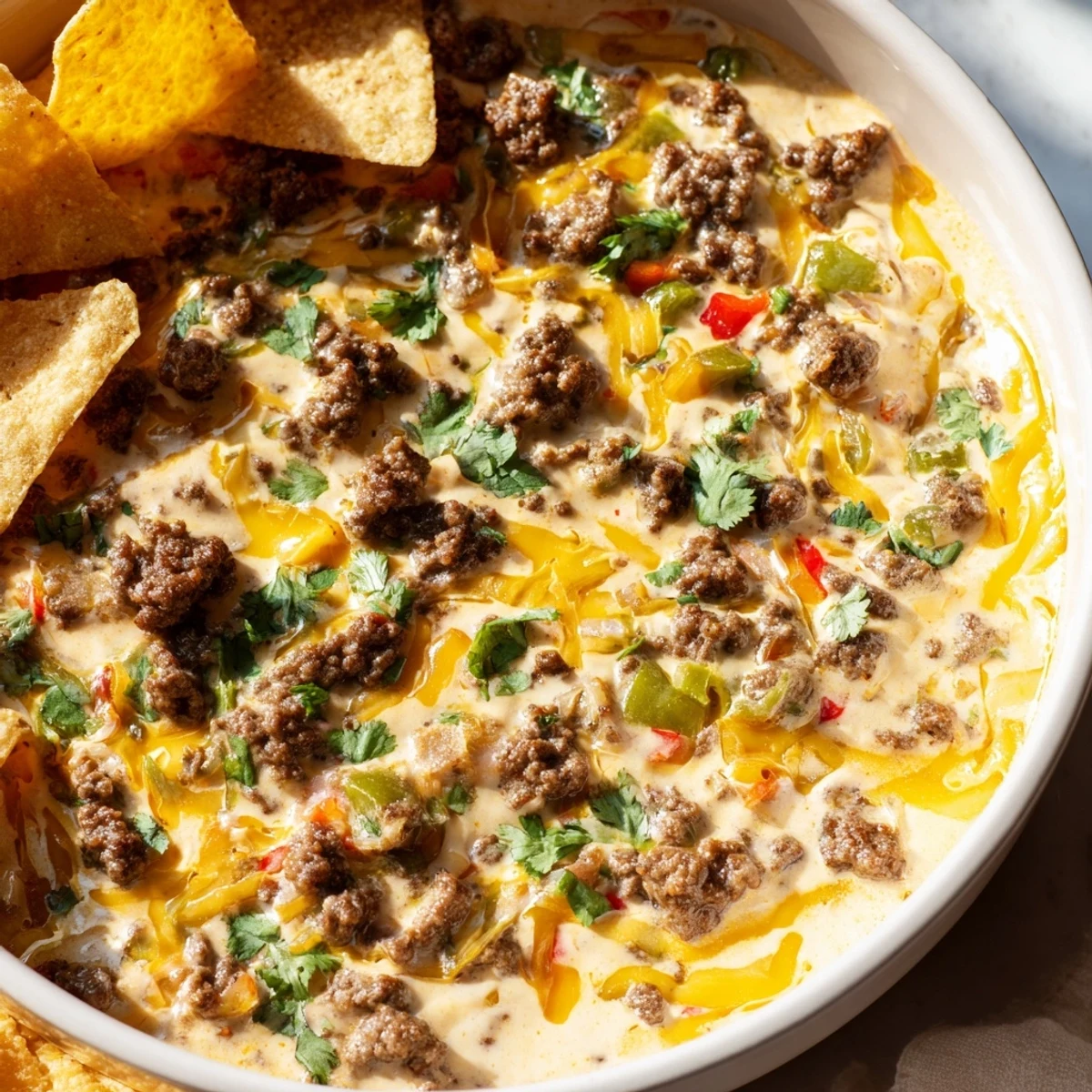 Rich and cheesy beef queso dip with tomatoes and peppers, perfect for scooping with crisp tortilla chips.