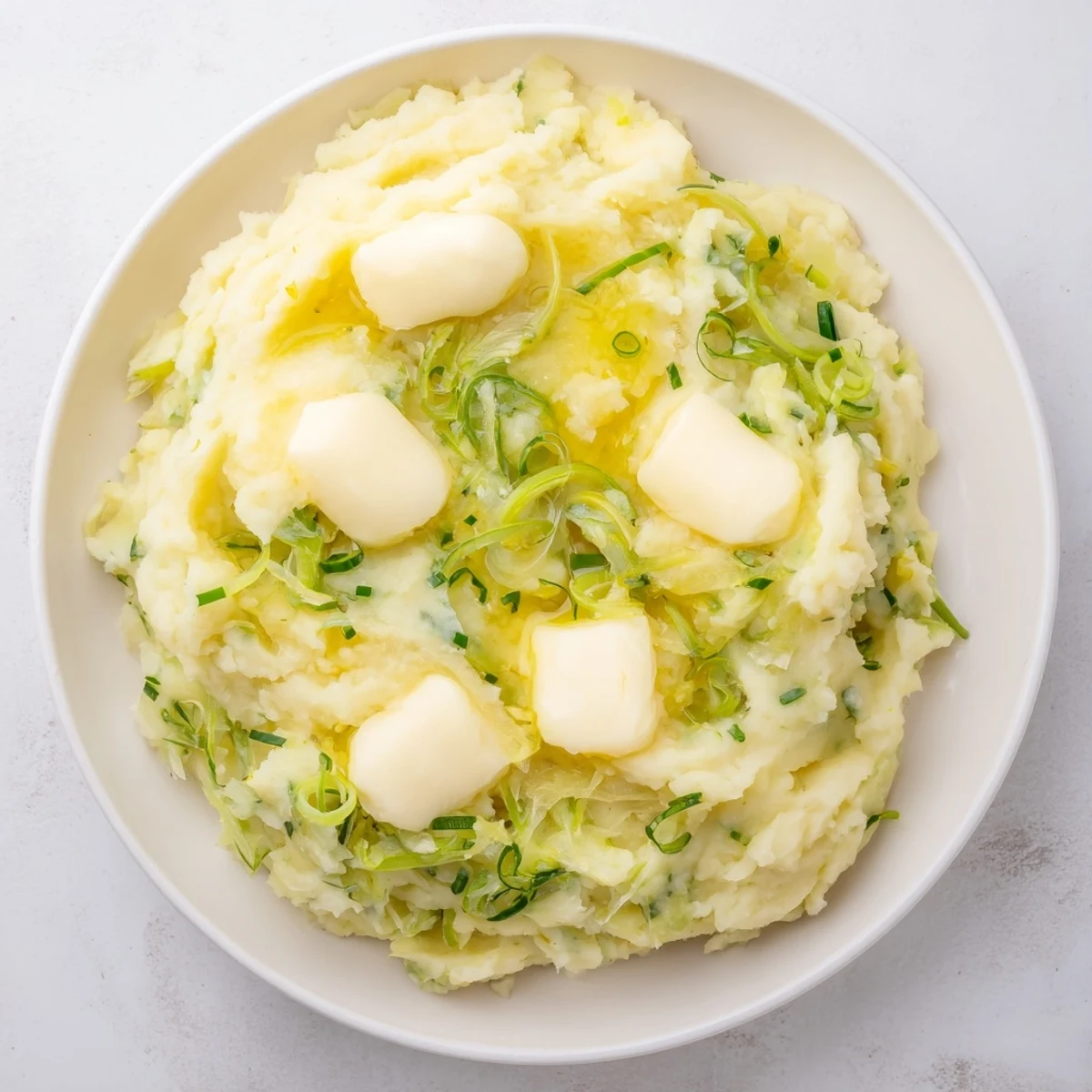A spoonful of Irish Colcannon Mashed Potatoes with Butter shows fluffy texture and a melting butter crown.  