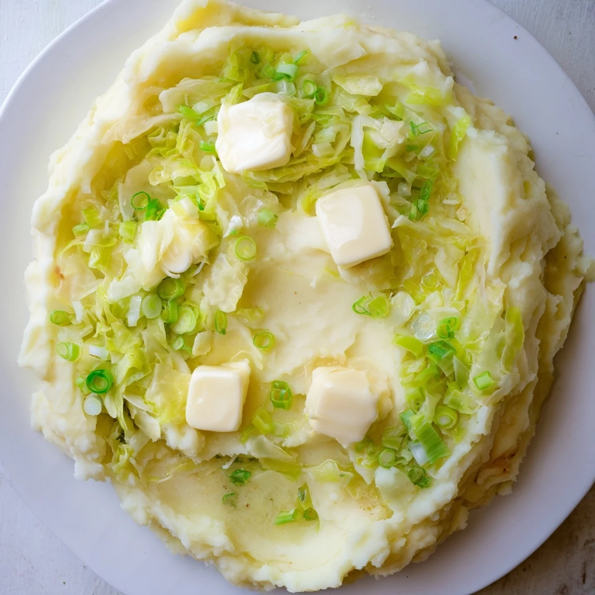 Golden Irish Colcannon Mashed Potatoes with Butter are mashed creamy and swirled with sautéed cabbage and scallions.  