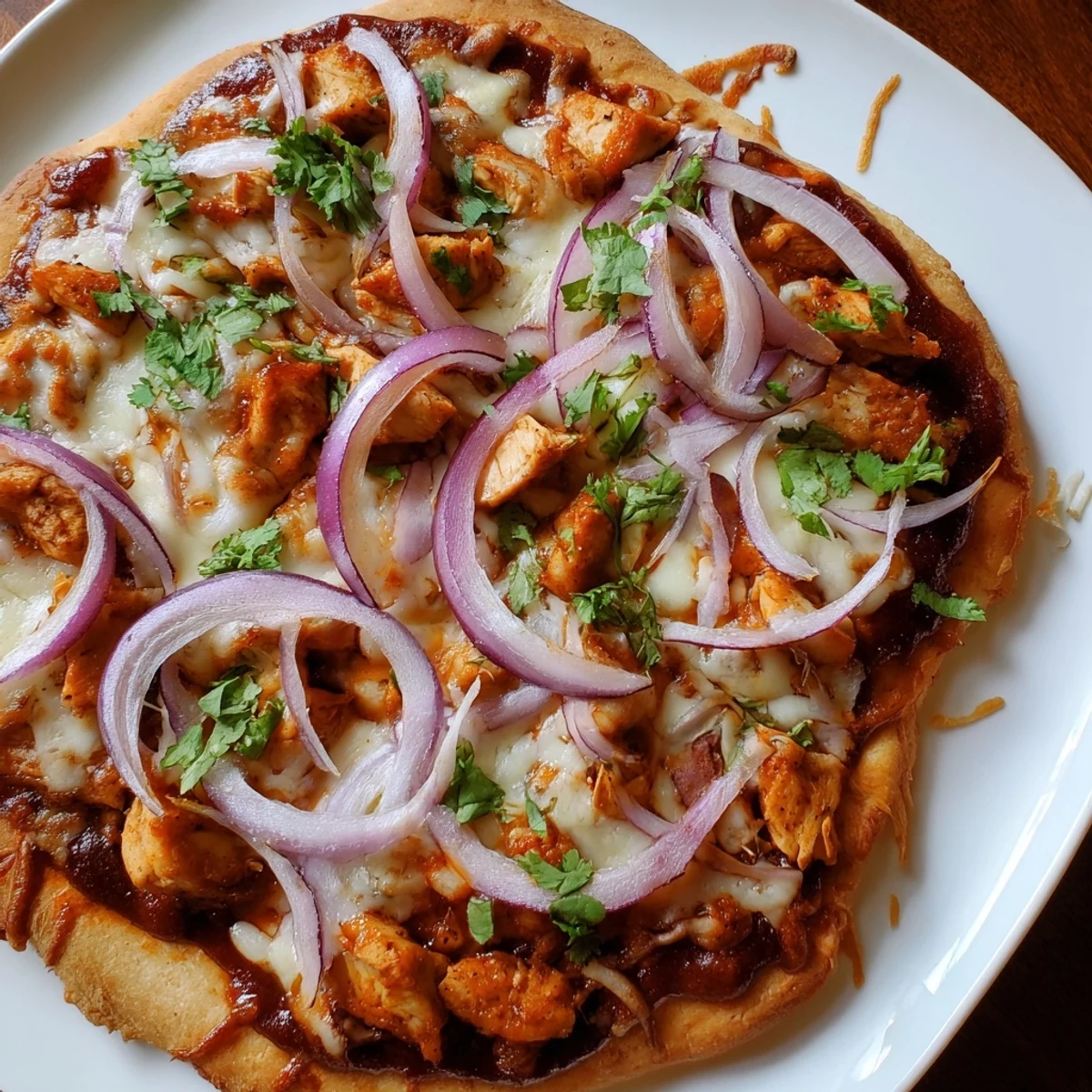 Freshly baked BBQ Chicken Pizza with Red Onion and Cilantro, featuring a golden crust, melted cheese, and smoky sauce.  