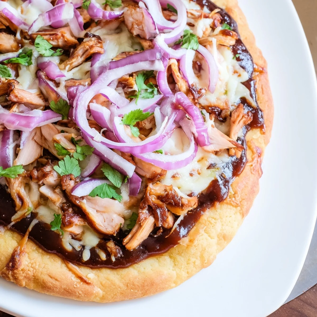Sliced BBQ Chicken Pizza with Red Onion and Cilantro on a wooden board, garnished with fresh herbs and ready to serve.  