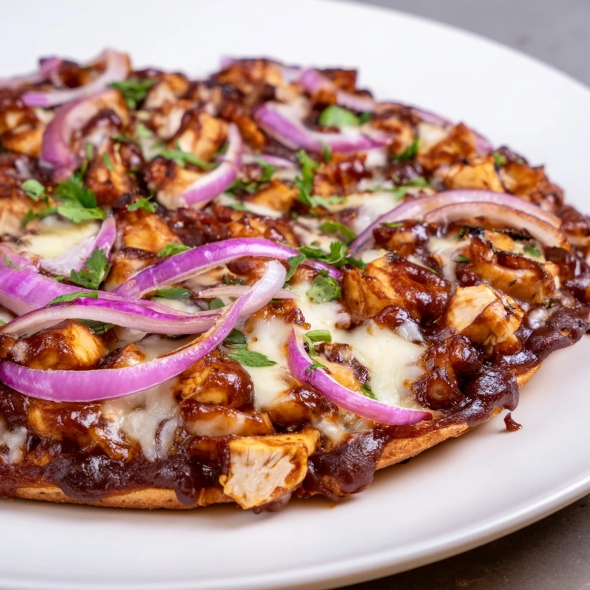 Close-up of BBQ Chicken Pizza with Red Onion and Cilantro, highlighting gooey cheese and tender chicken pieces.