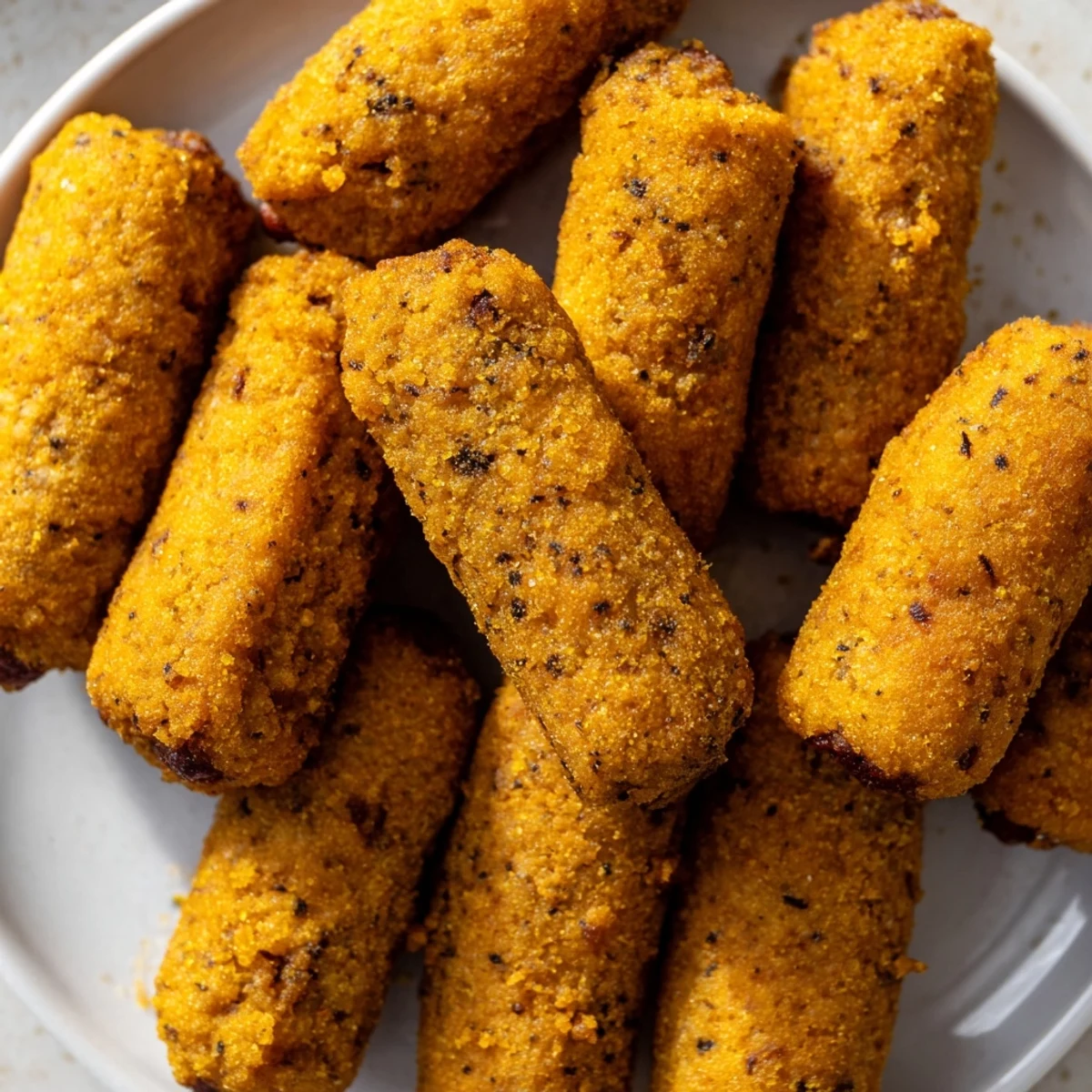 Freshly fried mini corn dogs with golden cornmeal batter and juicy beef frank centers, served steaming hot on a napkin-lined plate with dipping sauces.