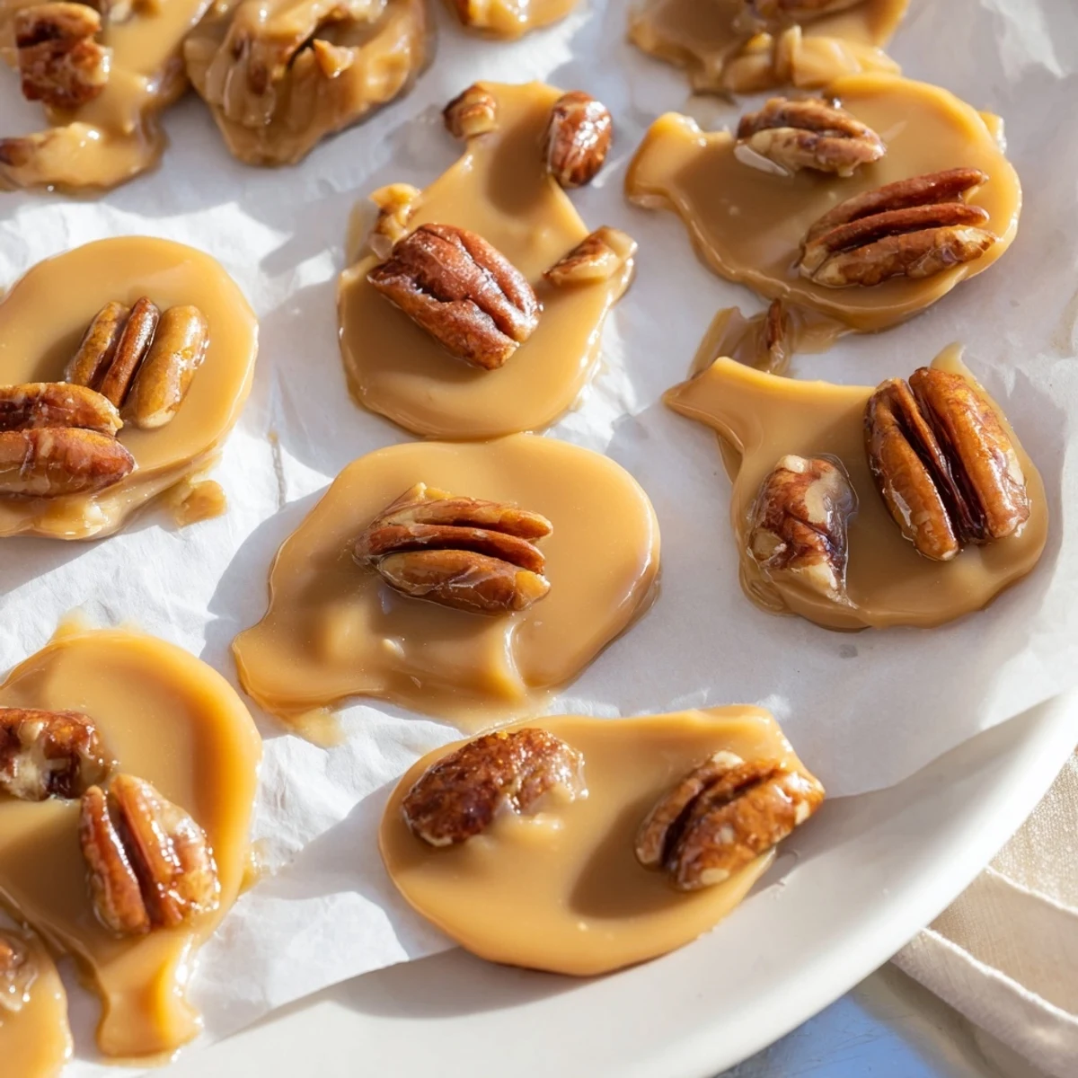Homemade Mardi Gras Pecan Pralines with Cream are arranged on parchment, their creamy texture and sugary crunch inviting a joyful bite.