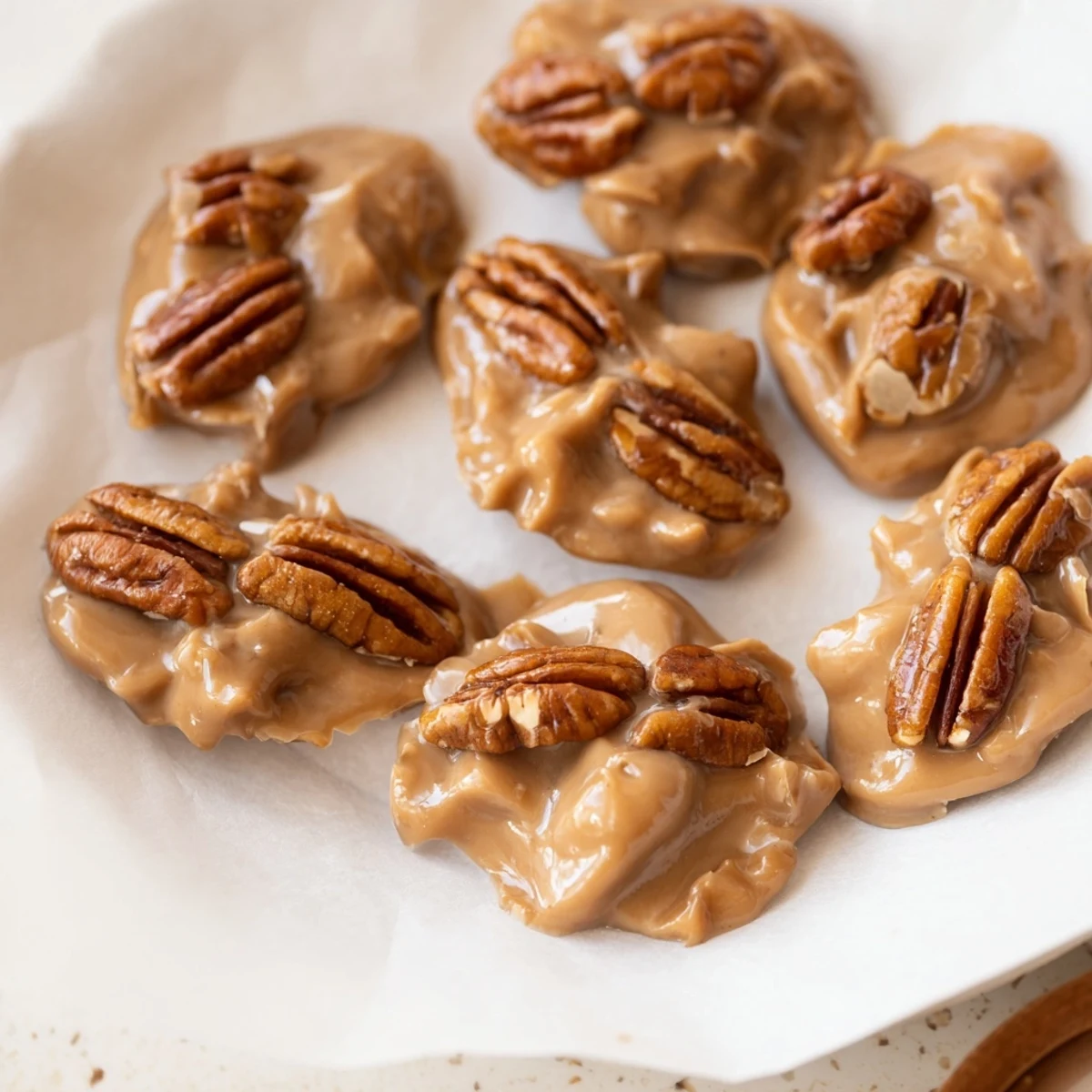 Warm Mardi Gras Pecan Pralines with Cream melt slightly, releasing sweet steam beside a mug of coffee for a festive Southern treat.