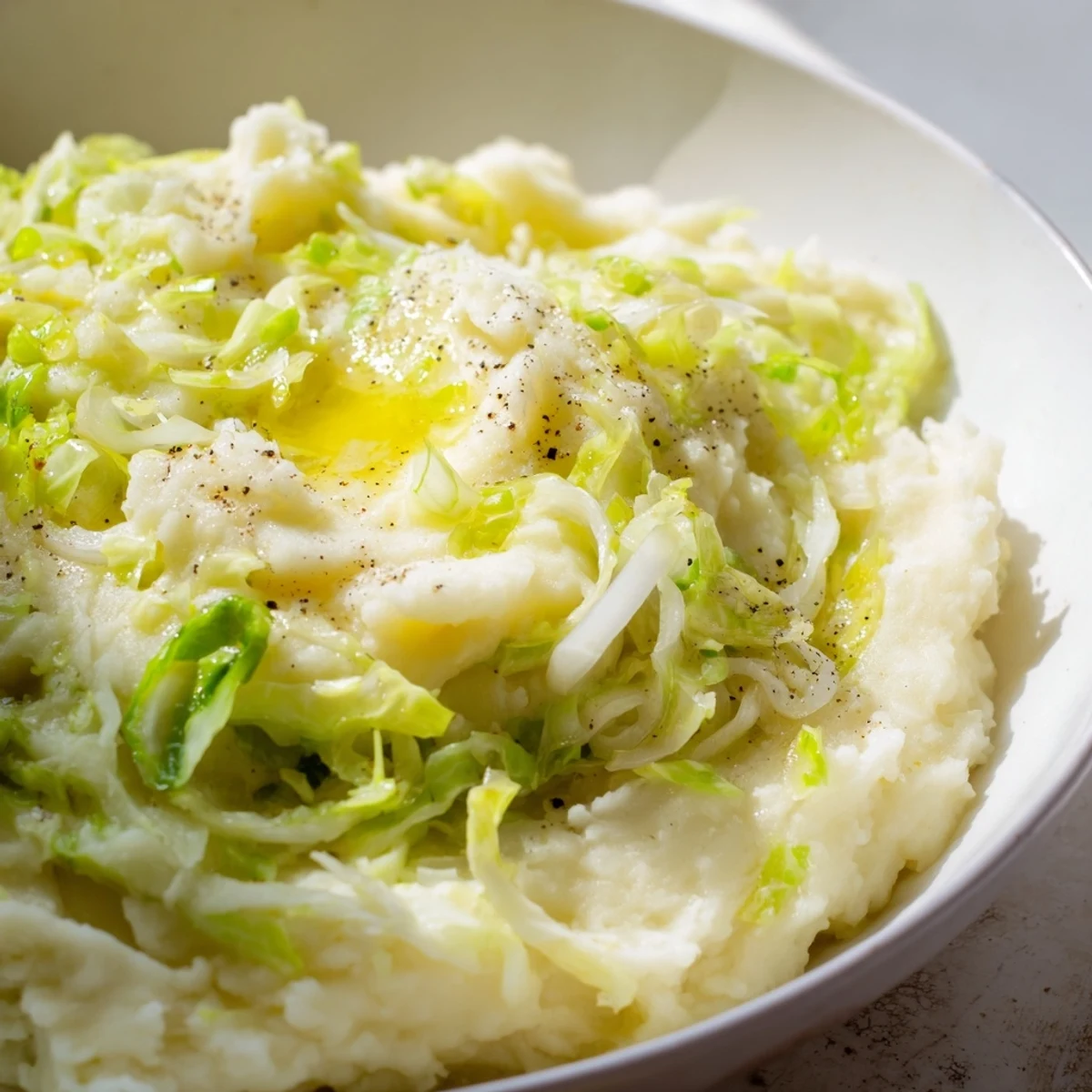 Rustic Irish Colcannon mashed potatoes featuring buttery mash with shredded cabbage and scallions, perfect beside roasted meats or as a vegetarian main.