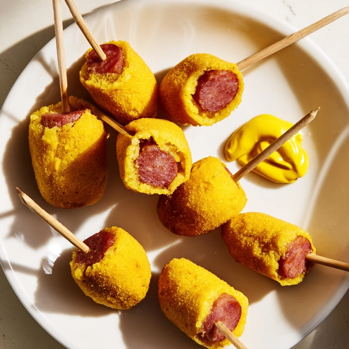 A close-up of Mini Corn Dogs with Beef Franks on skewers, their golden cornmeal batter fried to a crispy perfection and served with a small bowl of yellow mustard for dipping.
