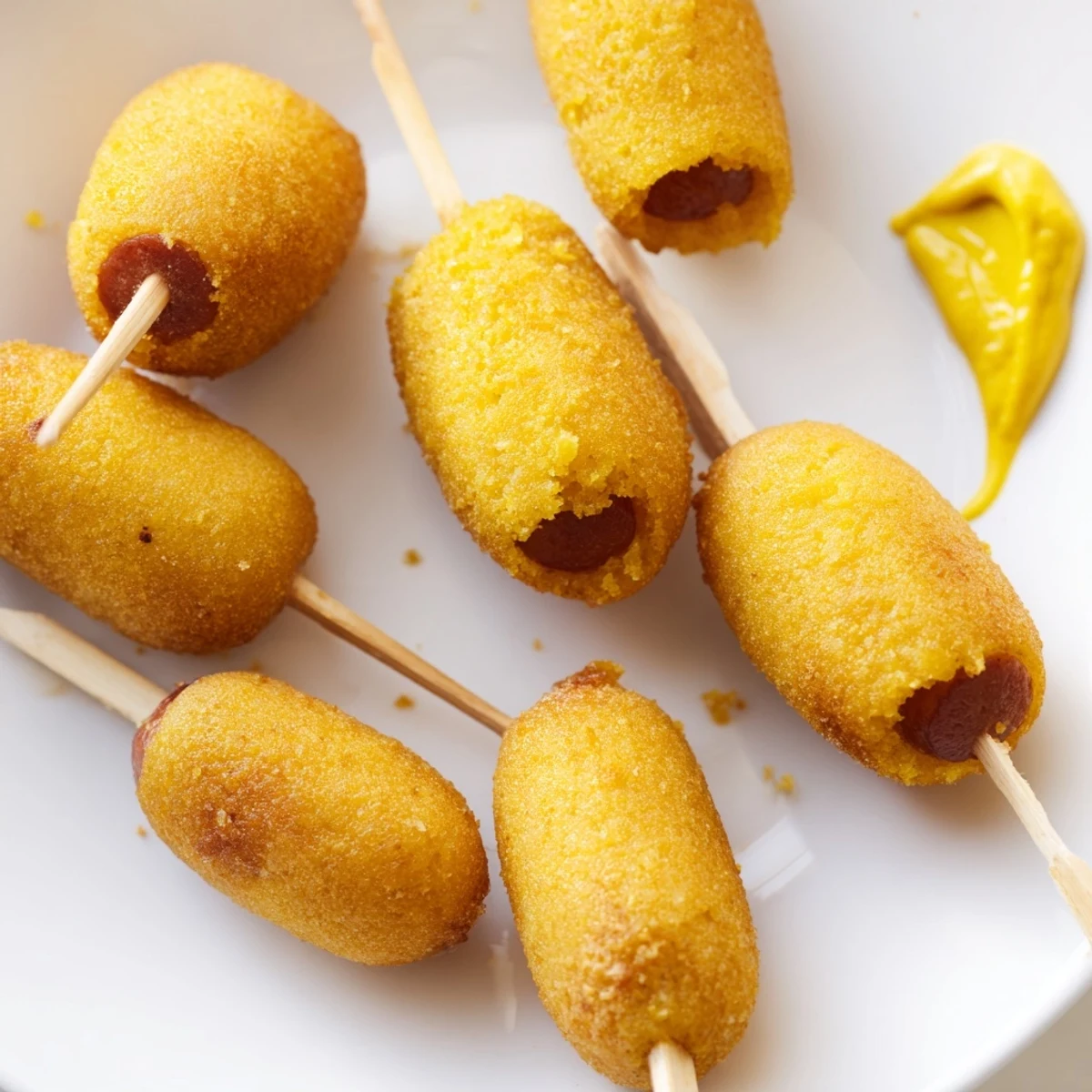 These bite-sized Mini Corn Dogs with Beef Franks feature juicy hot dog pieces inside a crunchy, golden-brown cornmeal batter, arranged on a platter ready to be enjoyed.