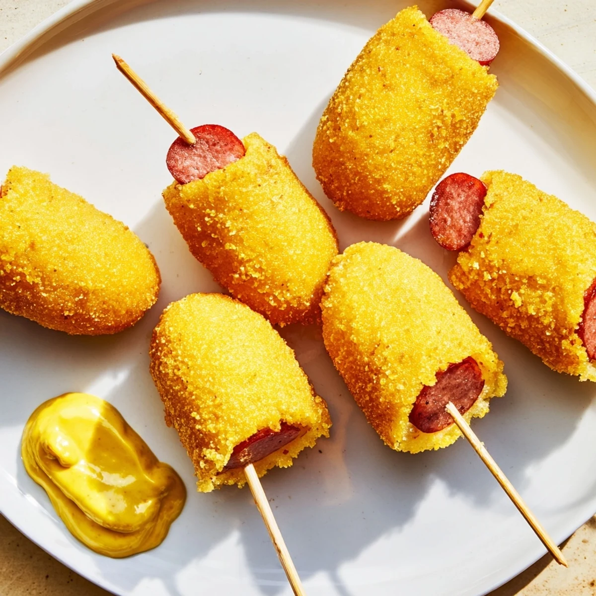 Mini Corn Dogs with Beef Franks sit on a rustic wooden board, their crispy exterior glistening as steam rises, with tangy mustard sauce nearby for dipping.