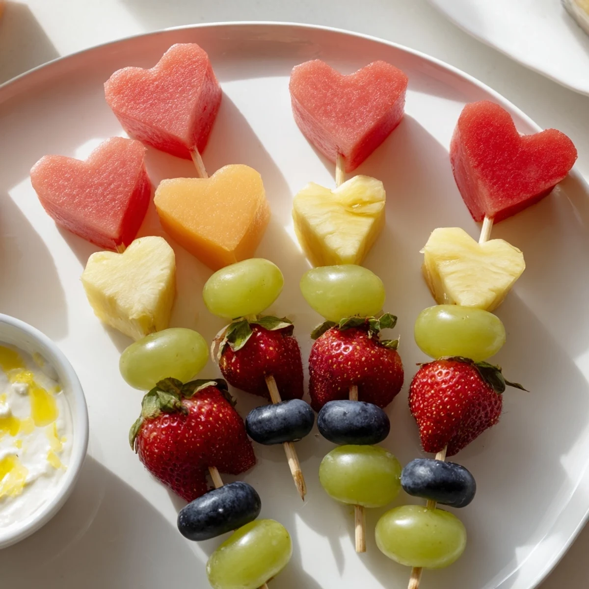 Freshly made Sweetheart Fruit Skewers with Yogurt Dip, showcasing juicy fruit shapes and a drizzle of honey on smooth Greek yogurt.