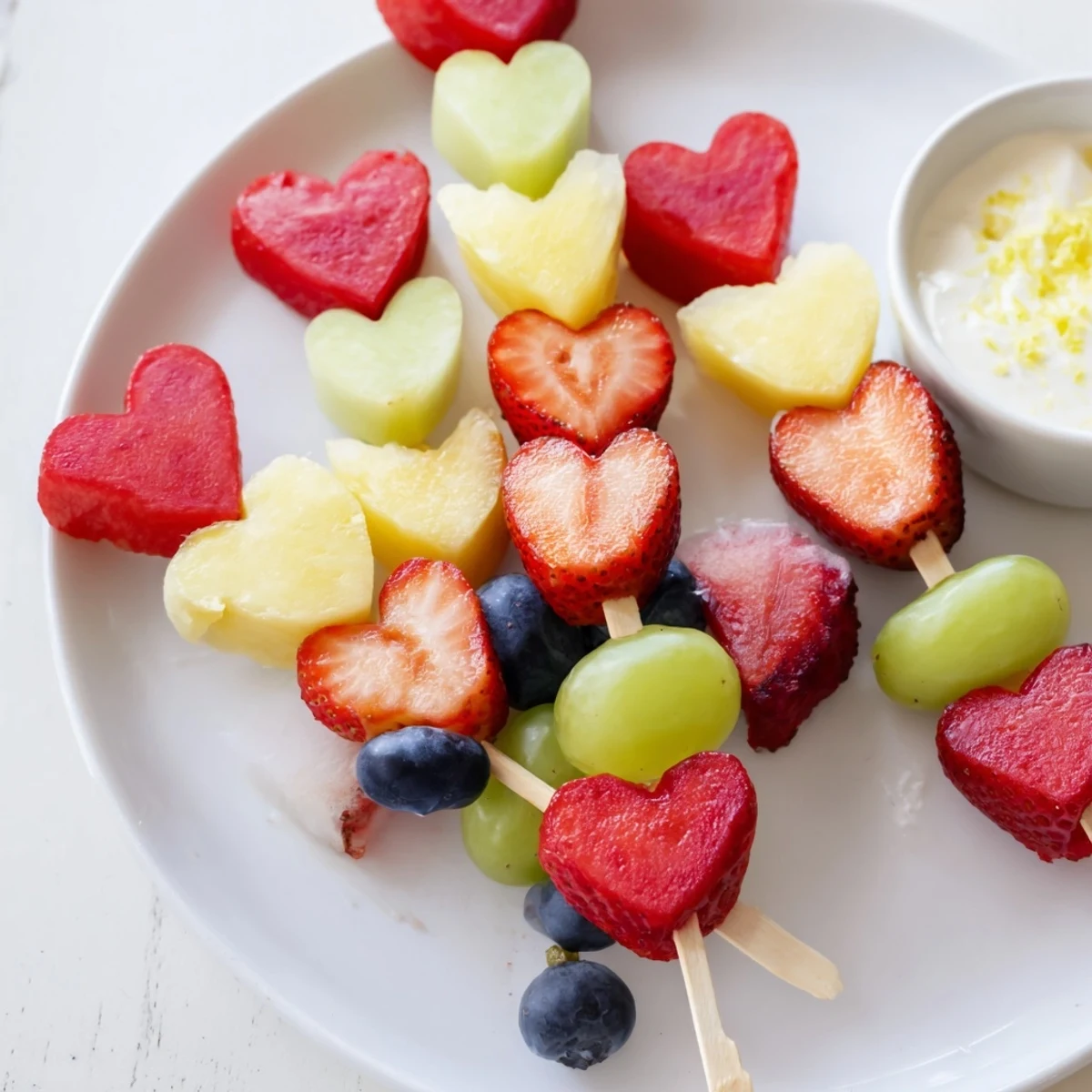 Sweetheart Fruit Skewers with Yogurt Dip presented on a platter, featuring vibrant melon hearts, pineapple, and blueberries for a festive dessert.