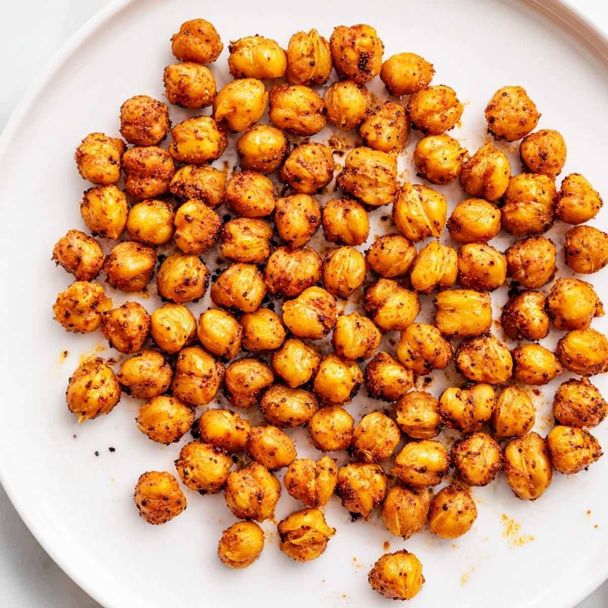 Golden-brown Cajun Spiced Roasted Chickpeas with paprika piled on a baking sheet, ready to be served as a crunchy snack or salad topping.  